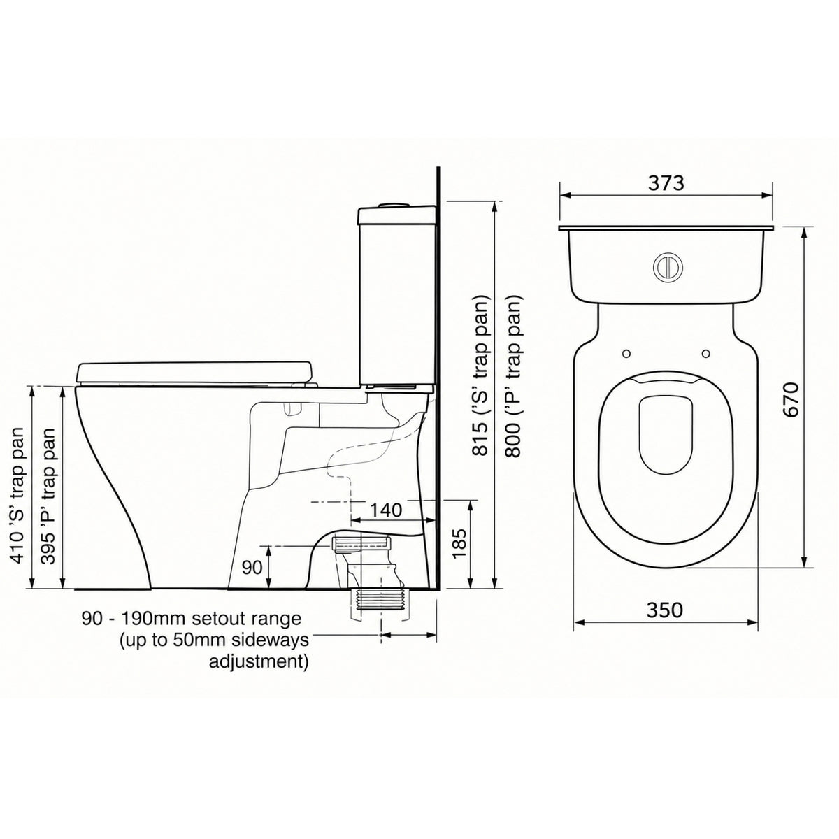 Line Drawing Caroma Luna Cleanflush Close Coupled Toilet Suite 844740W - The Blue Space