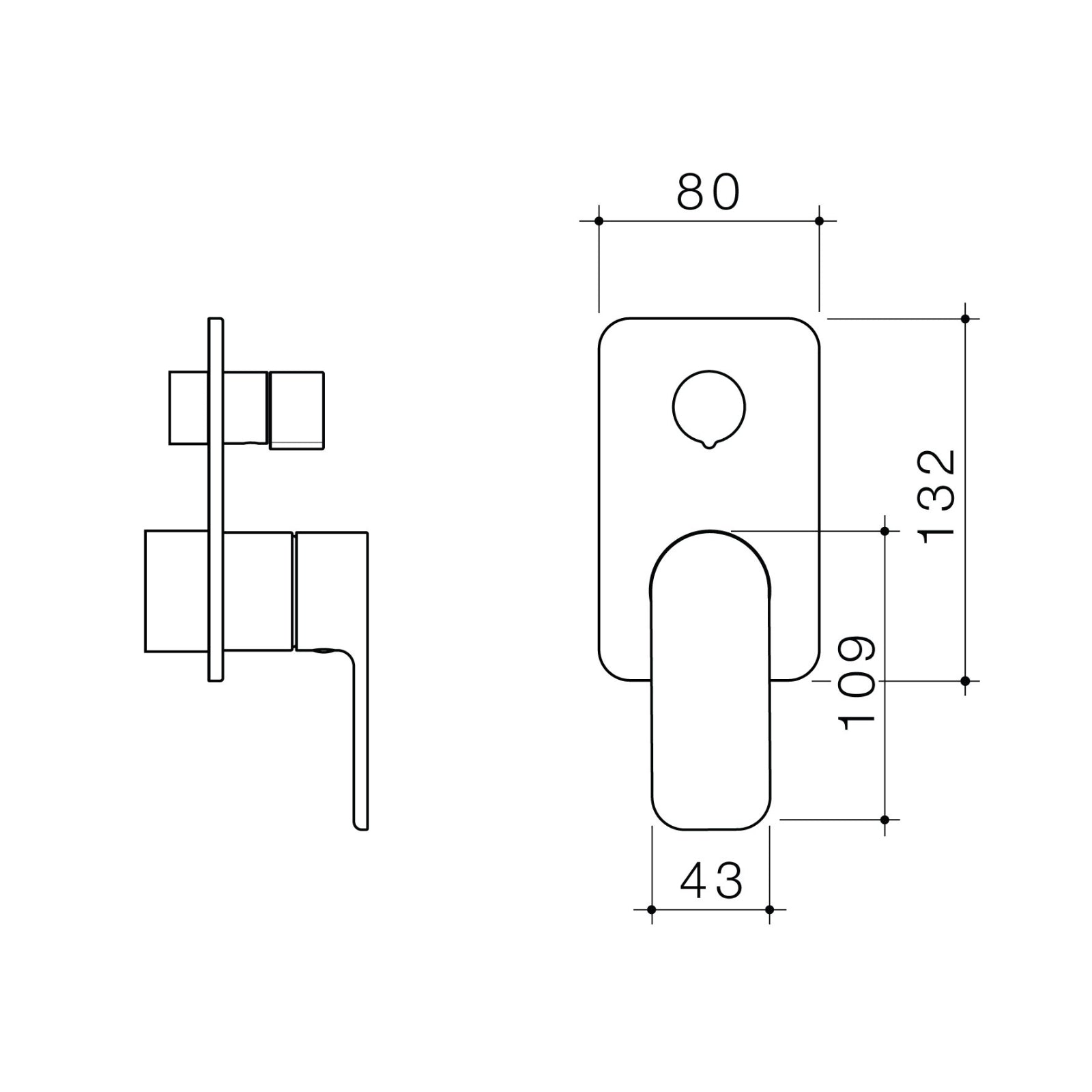 Technical Drawing Caroma Luna II Bath/Shower with Diverter Trim Kit - Satin Black 68210BL - The Blue Space