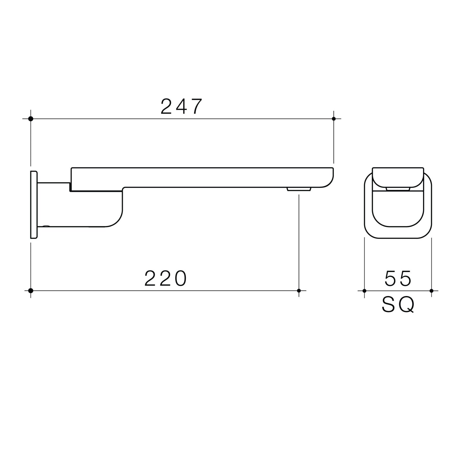 Technical Drawing Caroma Luna II Swivel Bath Outlet 220mm - Satin Black 68207BL - The Blue Space