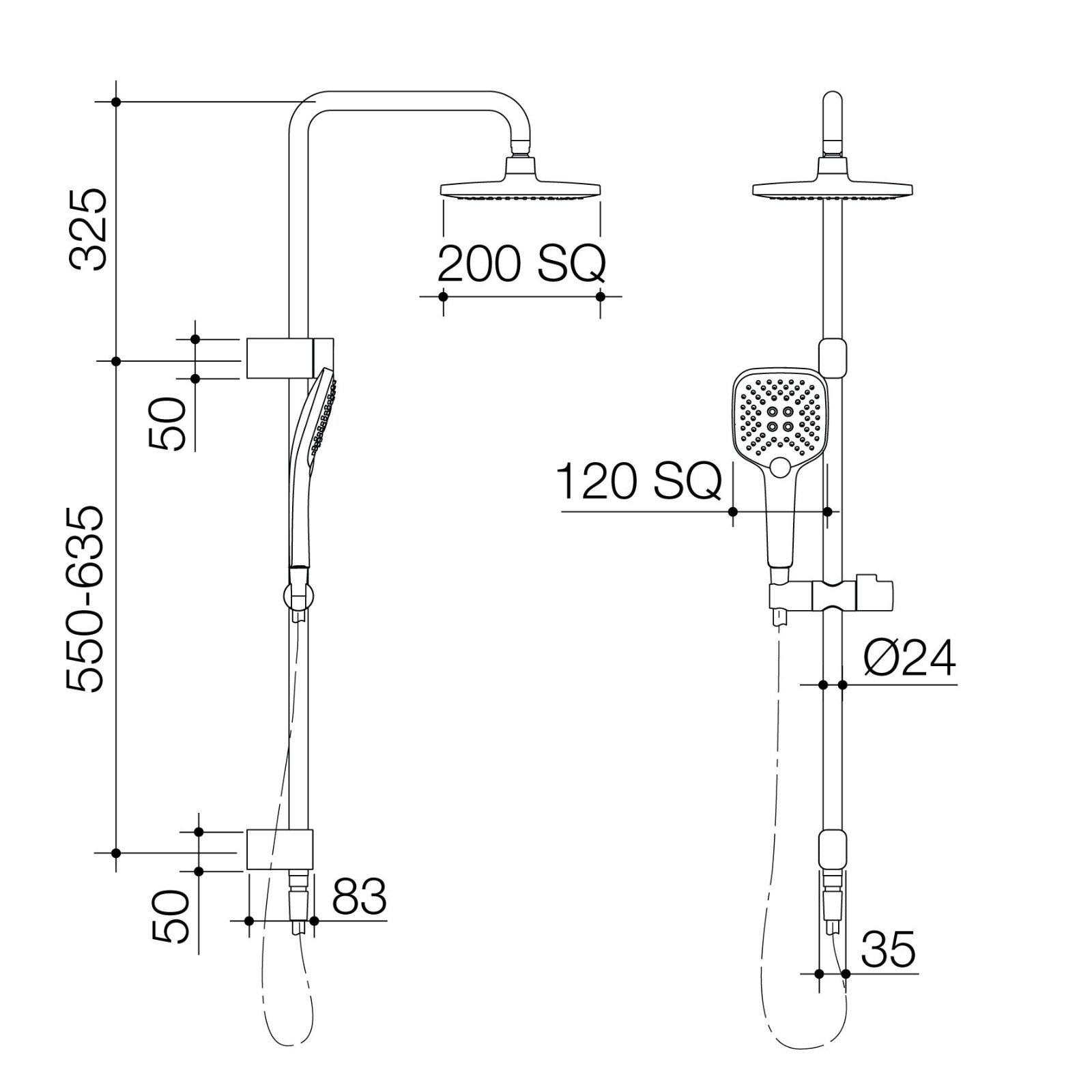 Technical Drawing Caroma Luna Multifunction Rail Shower with Overhead Brushed Nickel 90383BN4E - The Blue Space