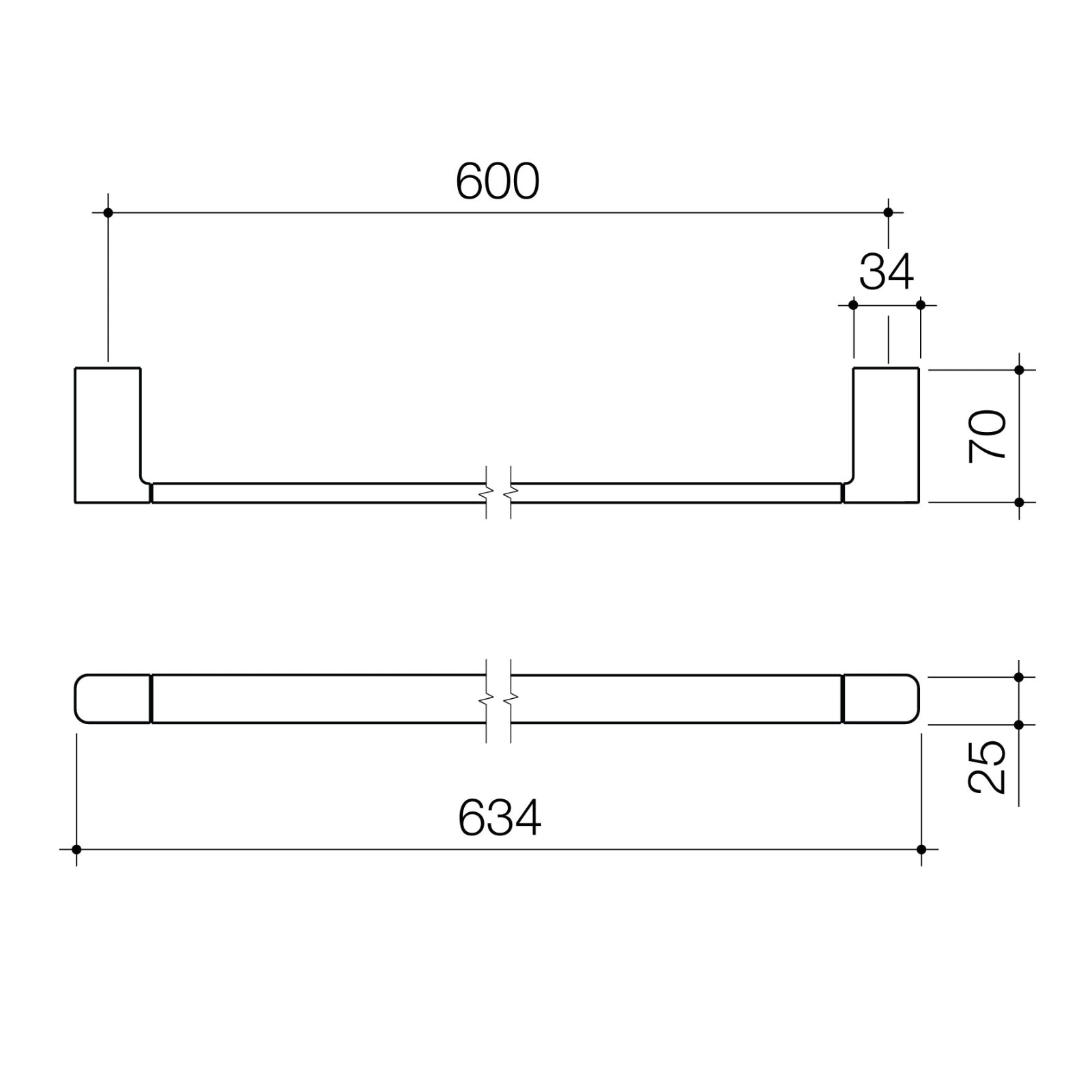 Technical Drawing Caroma Luna Single Towel Rail 630mm - Brushed Brass 99612BB - The Blue Space