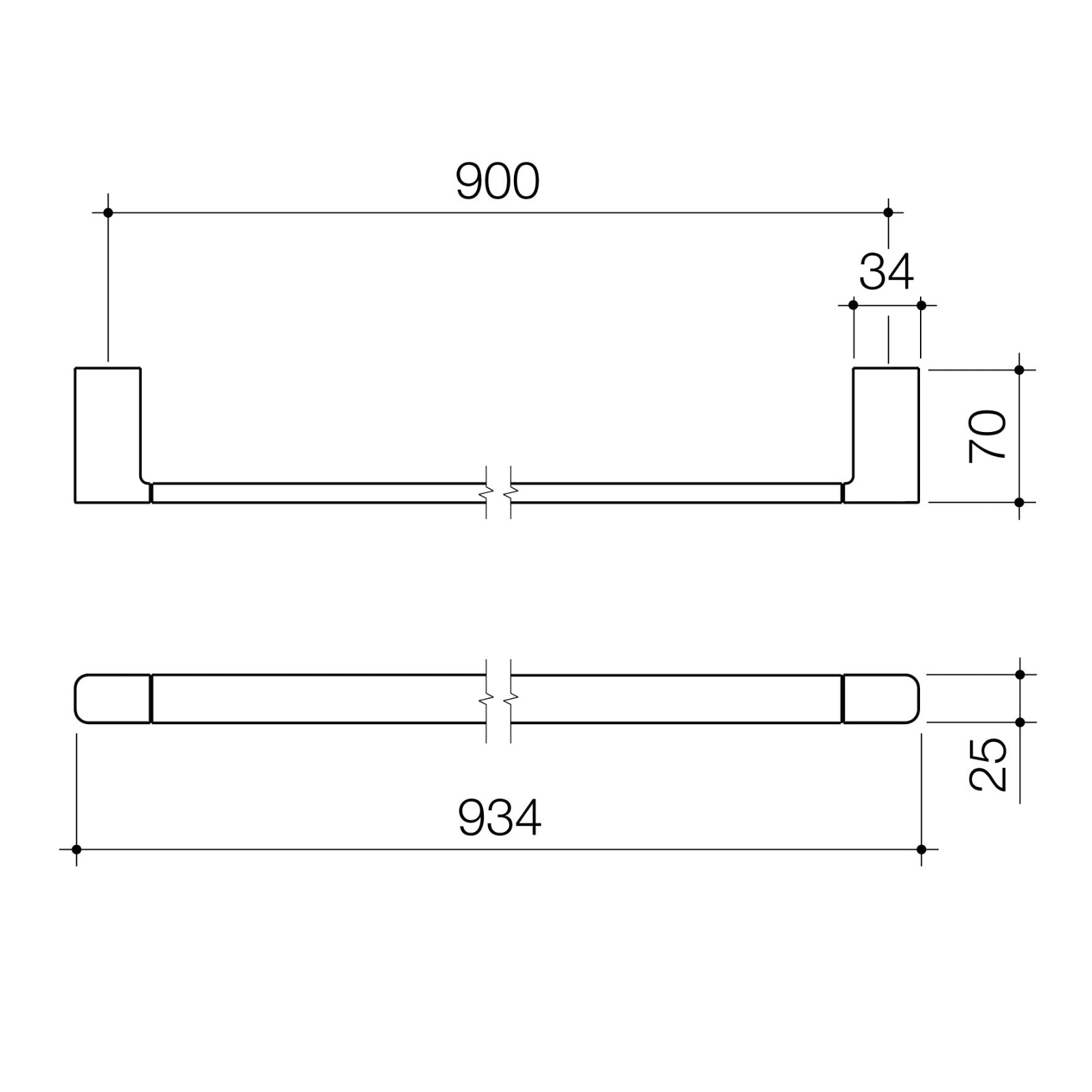 Technical Drawing Caroma Luna Single Towel Rail 930mm - Brushed Brass 99613BB - The Blue Space