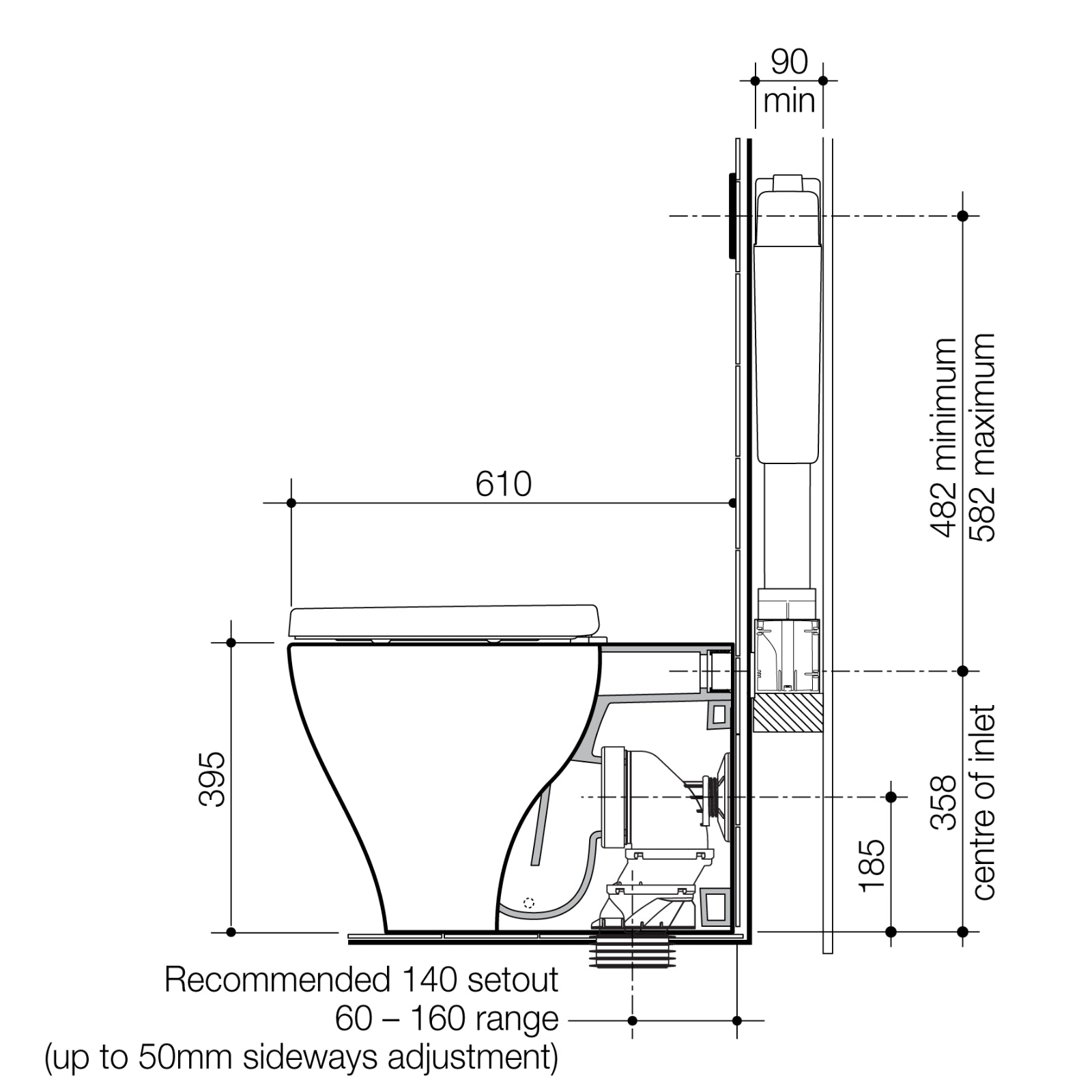 Technical Drawing Caroma Luna Slim Cleanflush Invisi Series II Wall Faced Toilet Suite - Upgraded Seat Design 844910WSL - The Blue Space