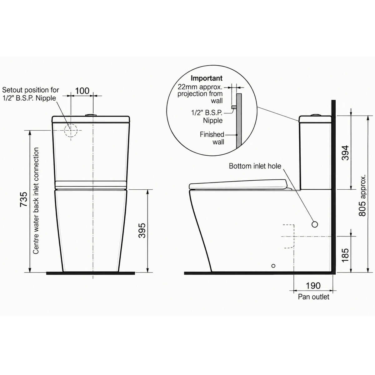 Line drawing Caroma Luna Square Cleanflush Toilet Suite 846420W - The Blue Space