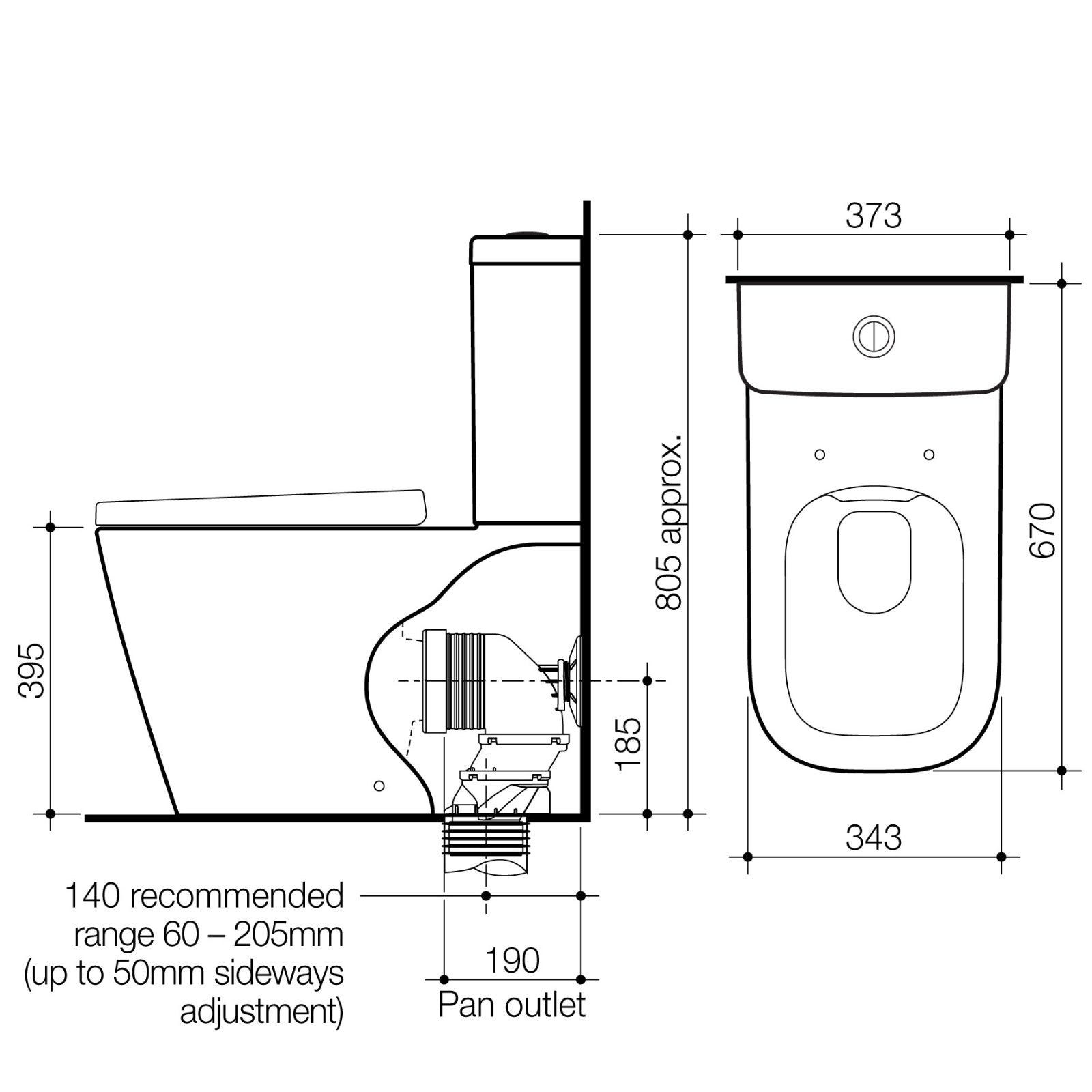 Technical Drawing Caroma Luna Square Cleanflush Toilet Suite - The Blue Space
