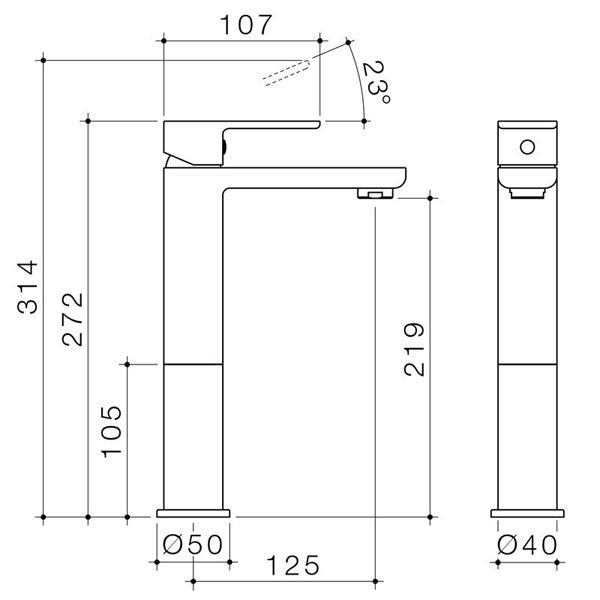 Technical Drawing - Caroma Luna Tower Basin Mixer - The Blue Space