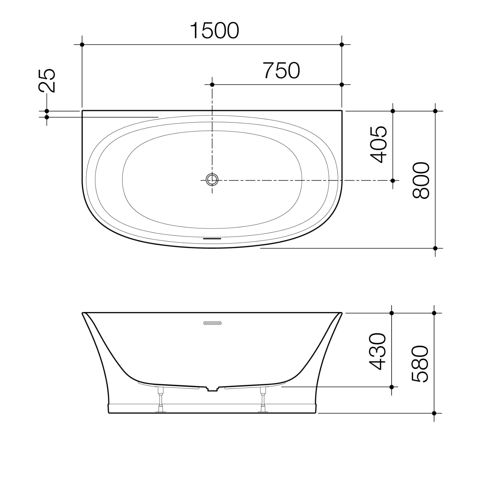 Technical Drawing Caroma Riviere 1500mm Back To Wall Bath With Overflow - Gloss White EN5WFWOF - The Blue Space