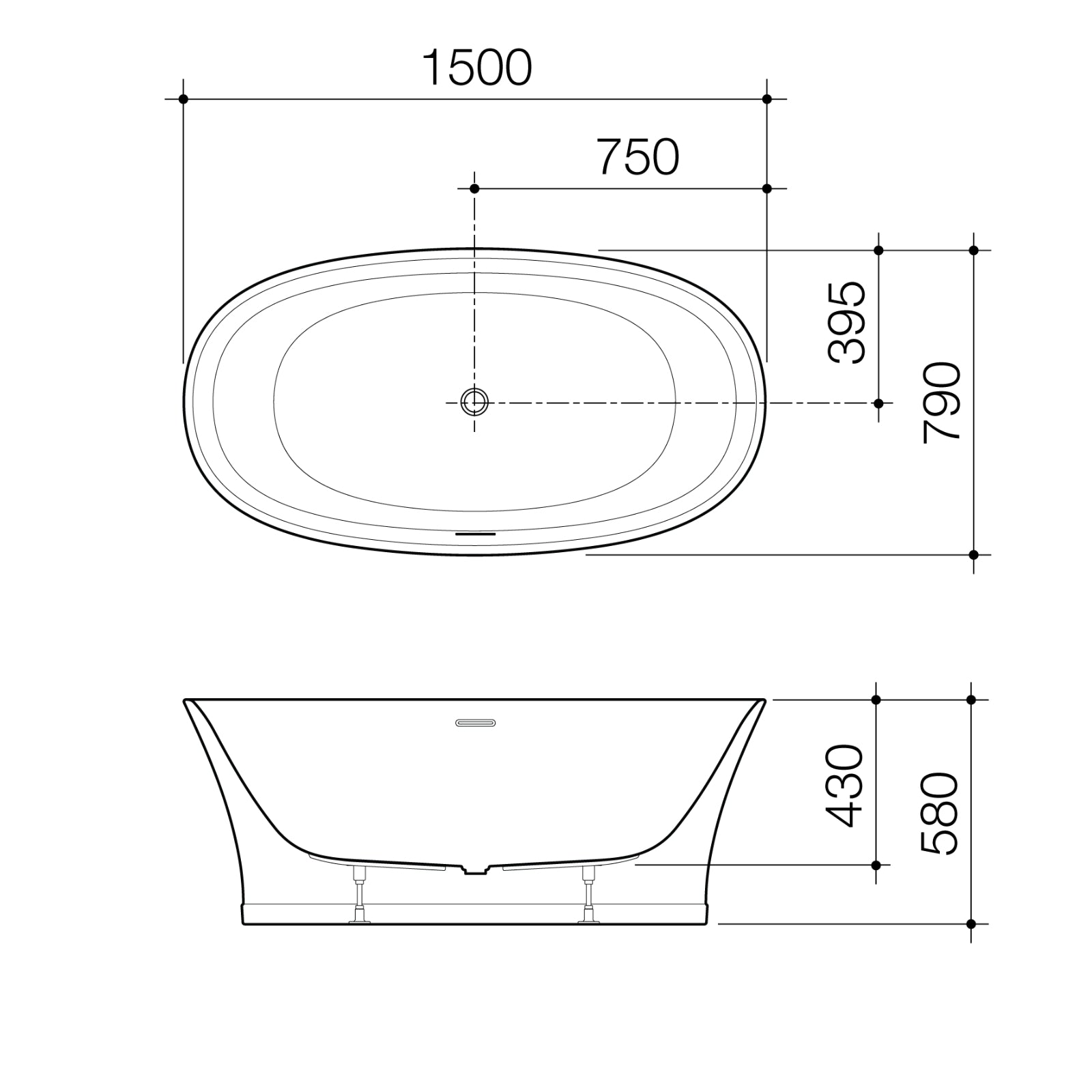 Technical Drawing Caroma Riviere 1500mm Freestanding Bath With Overflow - Matte White EN5FSMWOF - The Blue Space