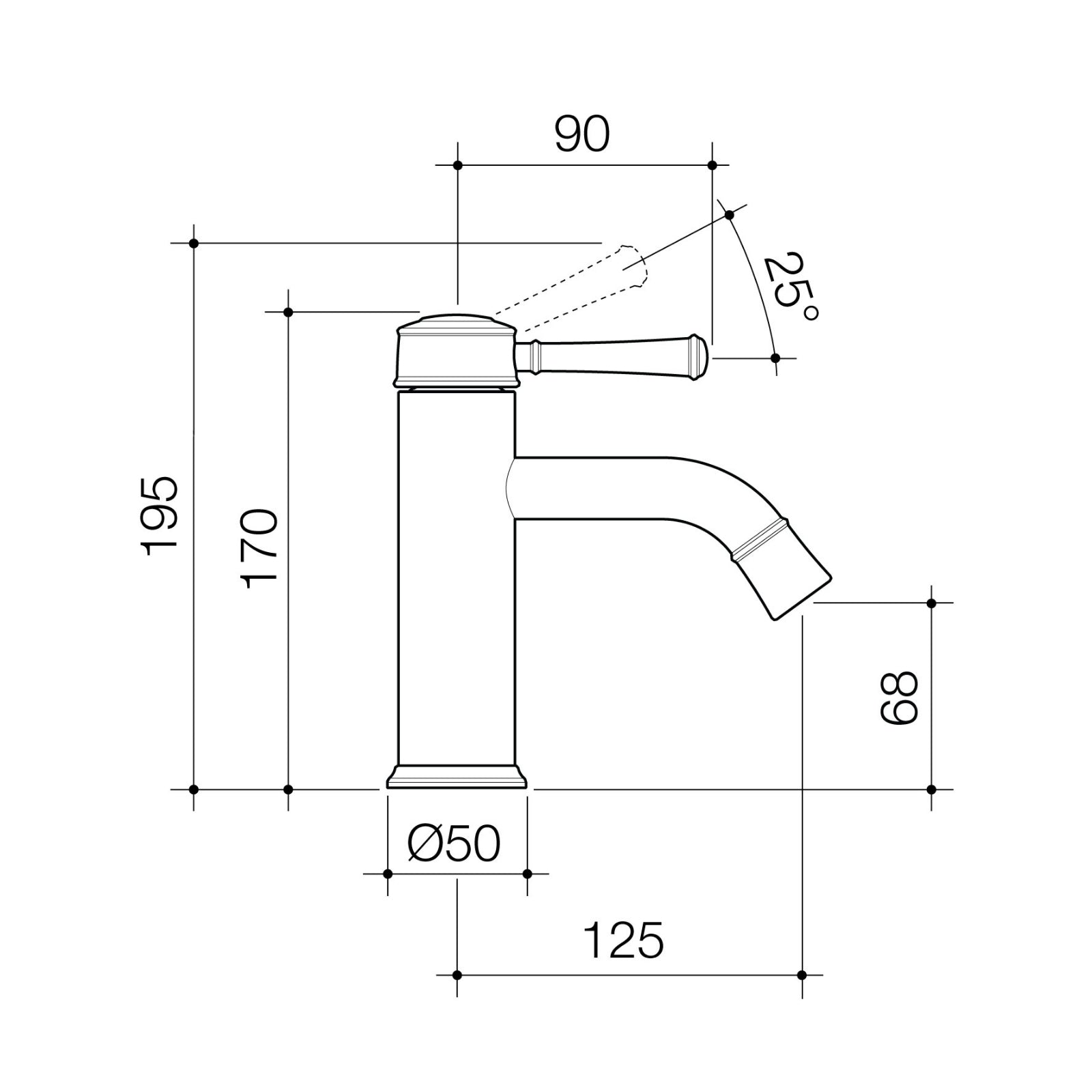 Technical Drawing Caroma Riviere Basin Mixer - Brushed Bronze 520001BBZ6AF - The Blue Space