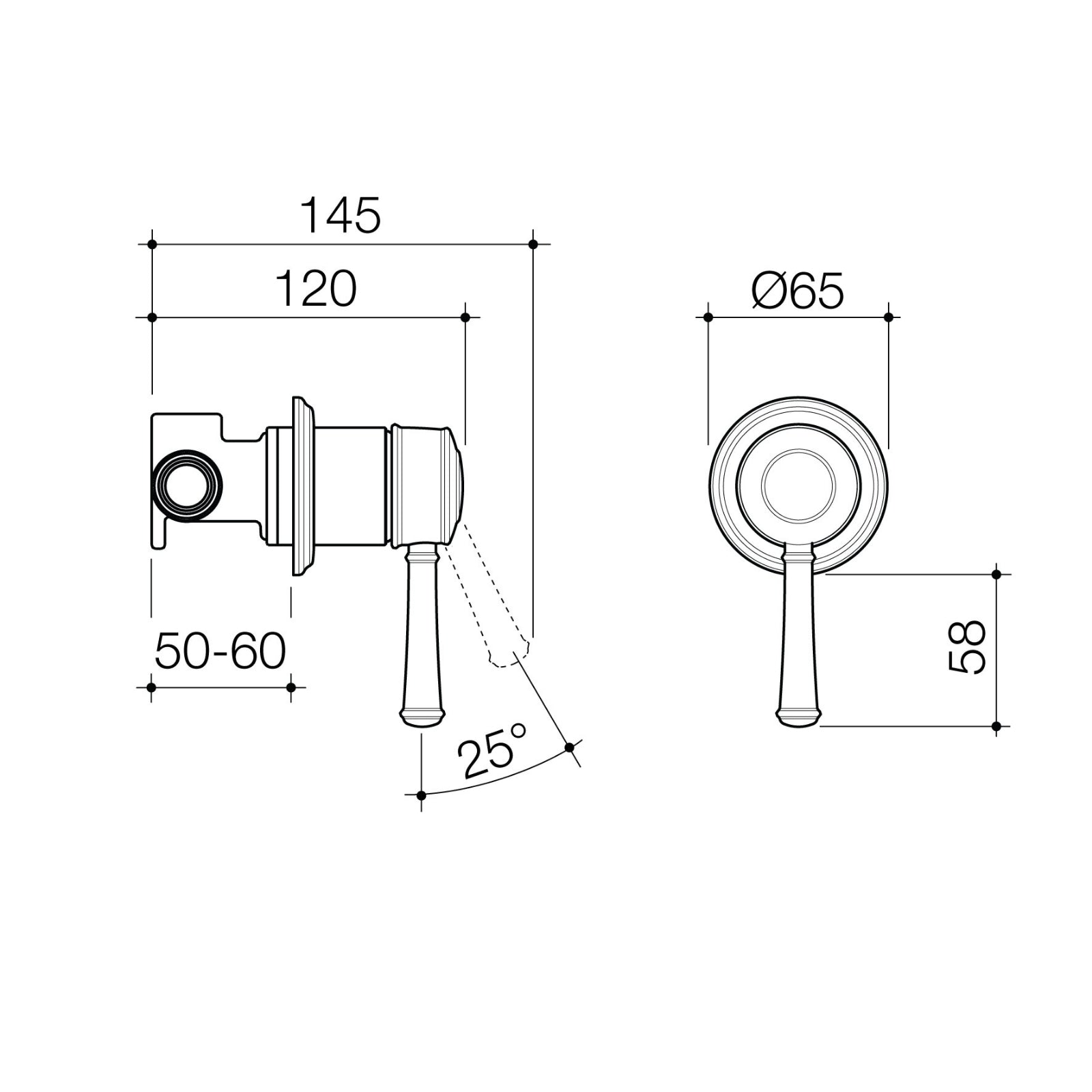Technical Drawing Caroma Riviere Bath Shower Mixer - Brushed Bronze 520005BBZ - The Blue Space