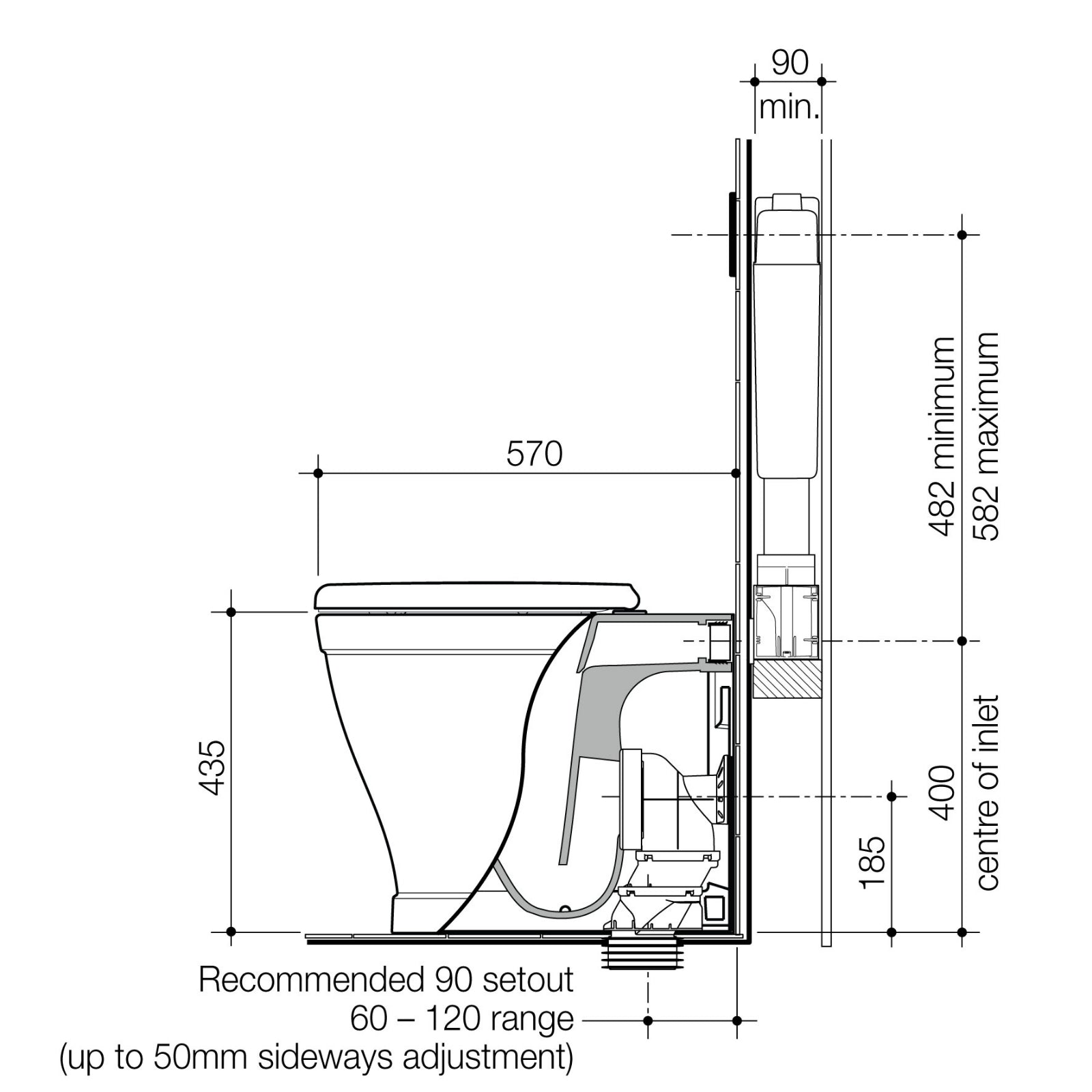 Technical Drawing Caroma Riviere Cleanflush® Invisi Series II® Wall Faced Suite - White 790001W - The Blue Space