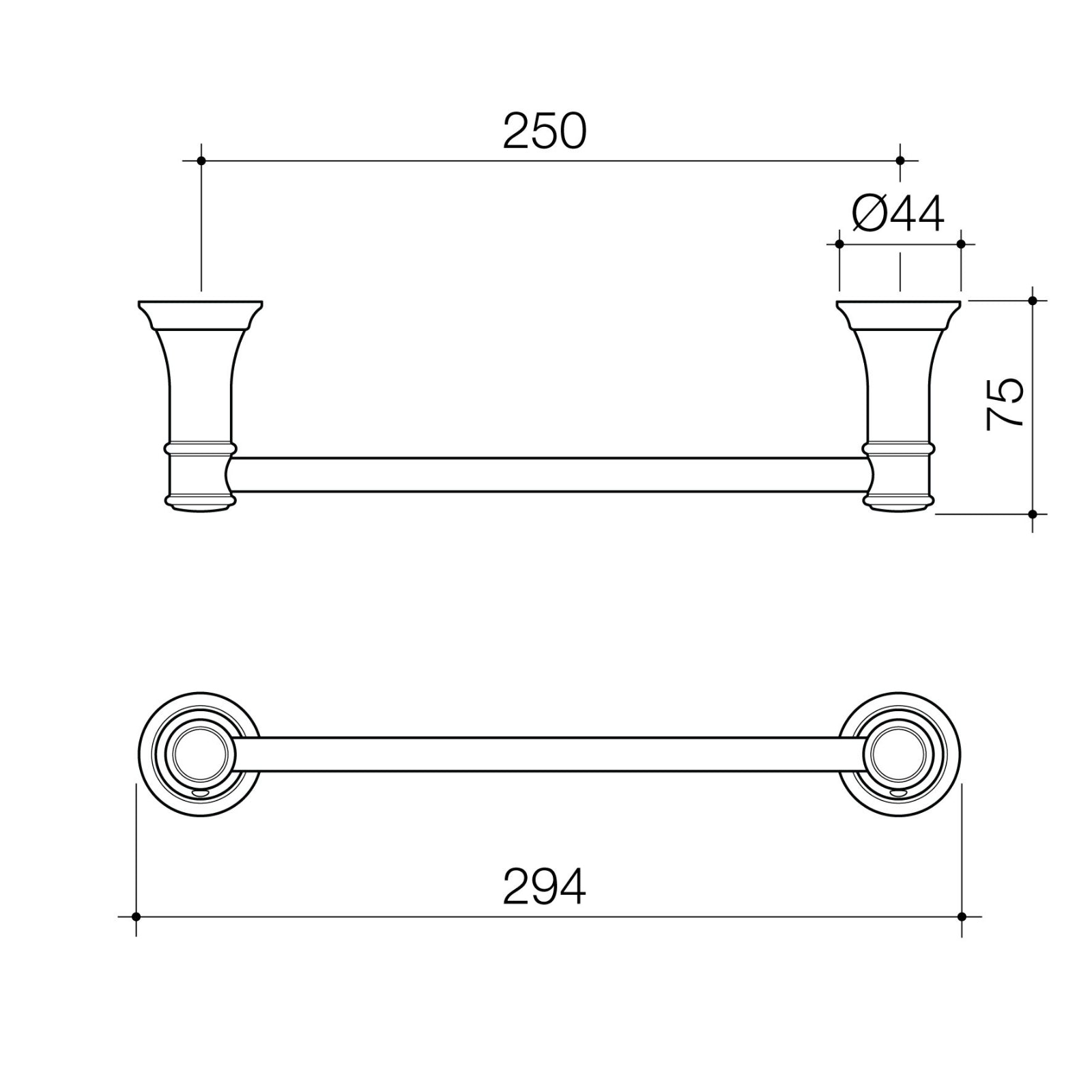 Technical Drawing Caroma Riviere Hand Towel Rail - Chrome 520033C - The Blue Space