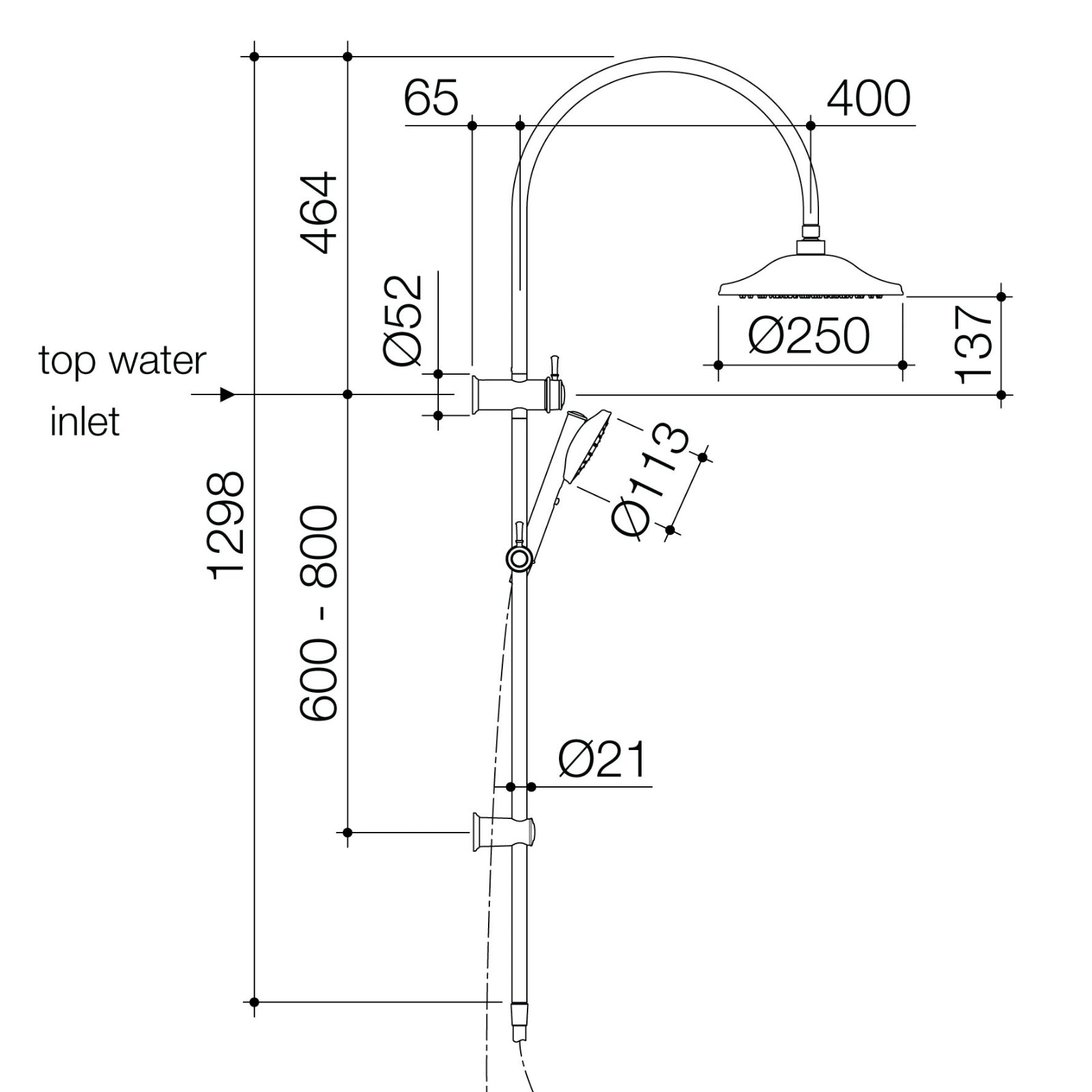Technical Drawing Caroma Riviere Rail Shower With Overhead - Brushed Brass 520040BB4A - The Blue Space