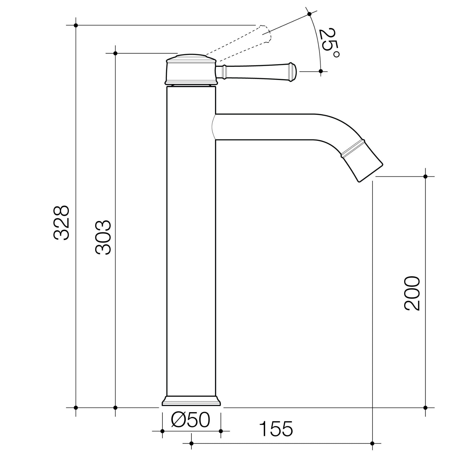 Technical Drawing Caroma Riviere Tower Basin Mixer - Brushed Brass 520003BB6AF - The Blue Space