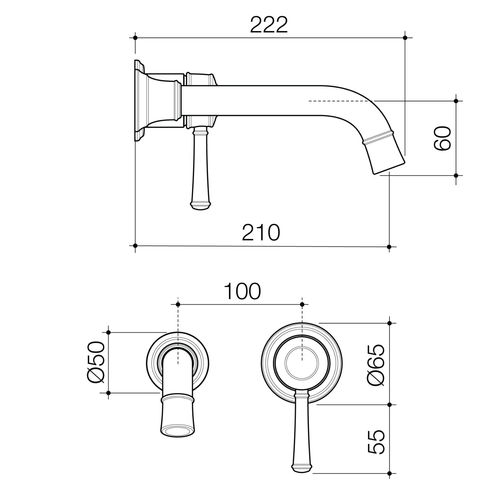 Technical Drawing Caroma Riviere Wall Basin Bath Mixer 210mm Trim Kit - Brushed Bronze 520012BBZ6AF - The Blue Space