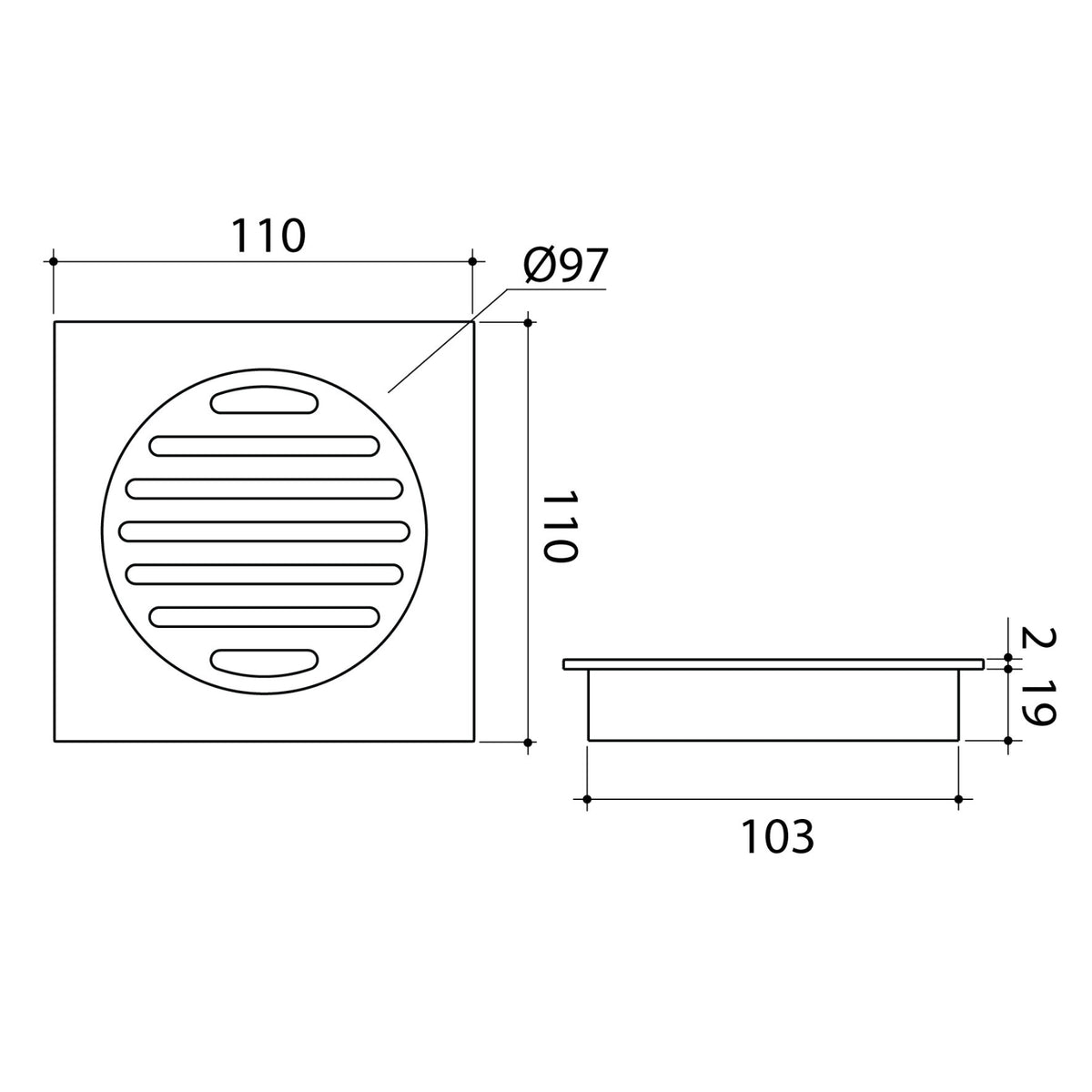 Technical Drawing Caroma Square Floor Waste Grate 100mm Outlet - Chrome 12975037C - The Blue Space