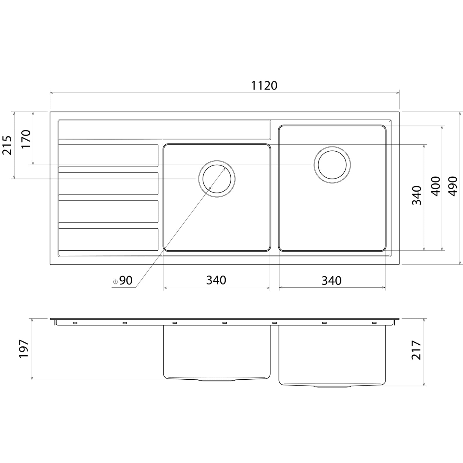 Technical Drawing Caroma Urbane II 1.75 Bowl Stainless Steel Kitchen Sink CO0175SS.0R - The Blue Space