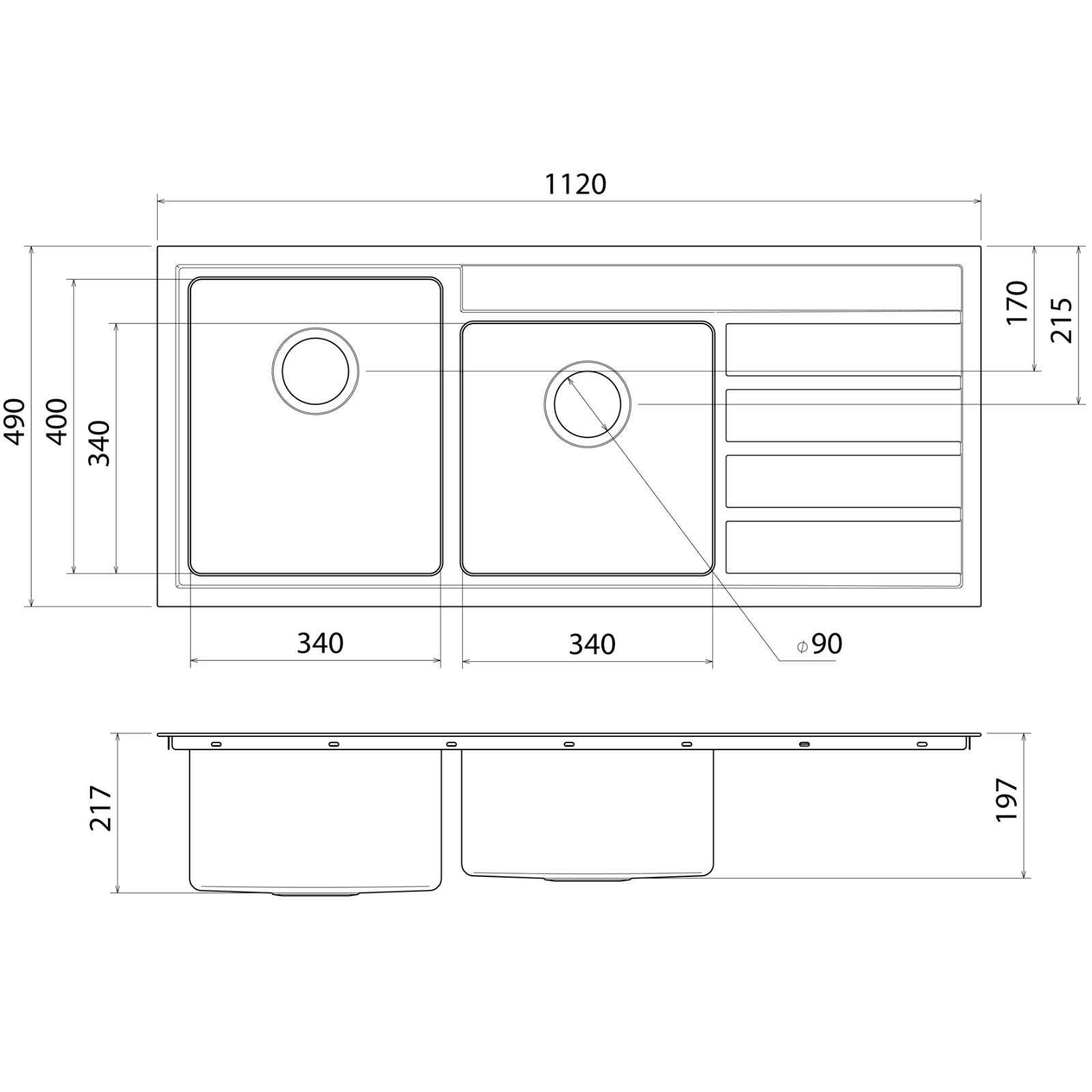 Technical Drawing Caroma Urbane II 1.75 Bowl Stainless Steel Kitchen Sink CO0175SS.1L - The Blue Space