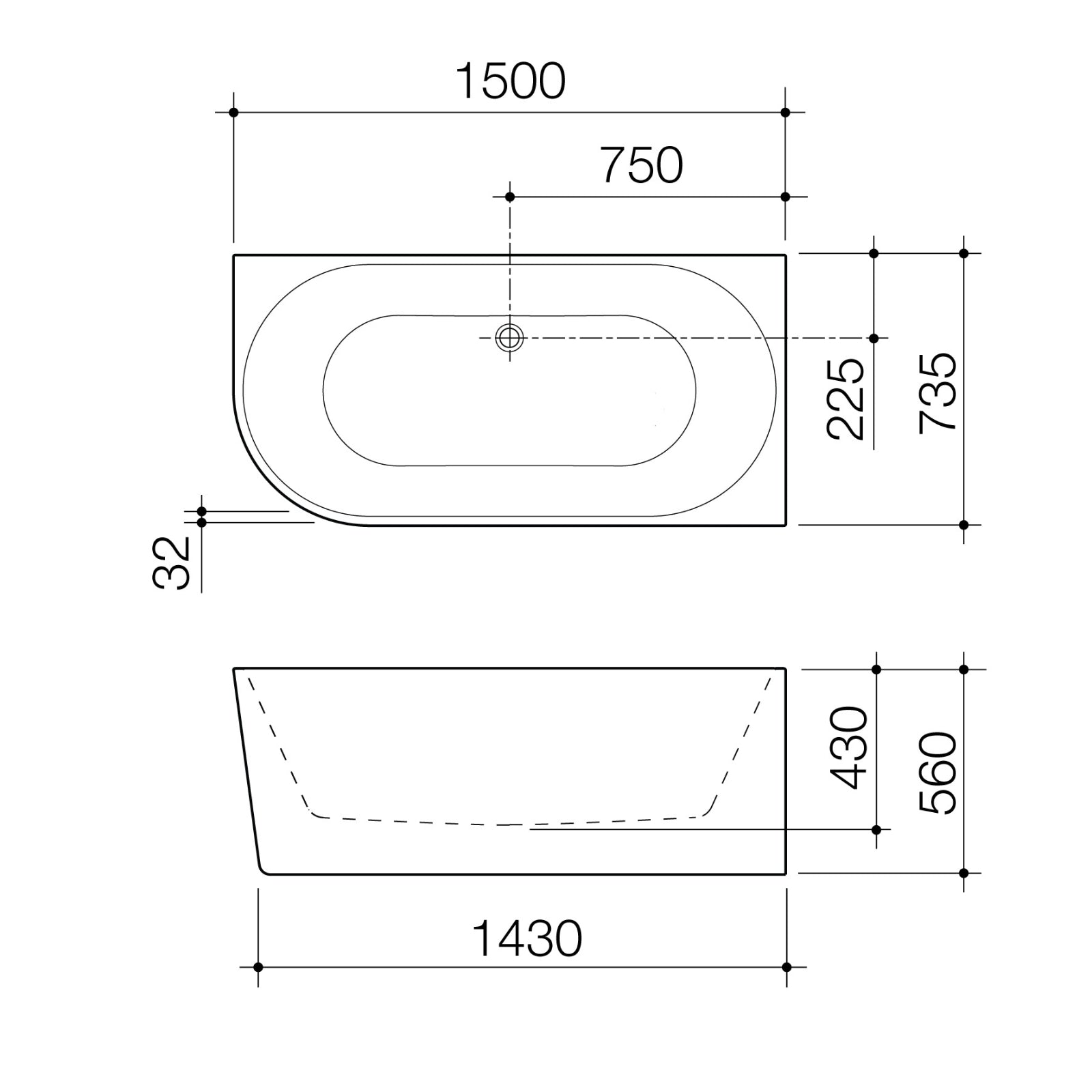 Technical Drawing Caroma Urbane II 1500 Corner Back To Wall Bath - Left Hand Corner UII5LHCW - The Blue Space