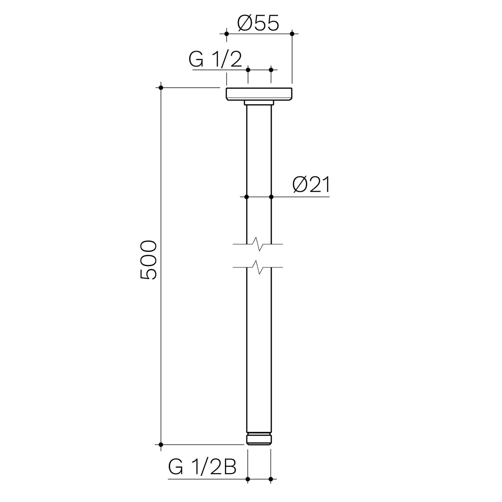 Technical Drawing Caroma Urbane II 500mm Ceiling Shower Arm - Brushed Bronze 99640BBZ - The Blue Space