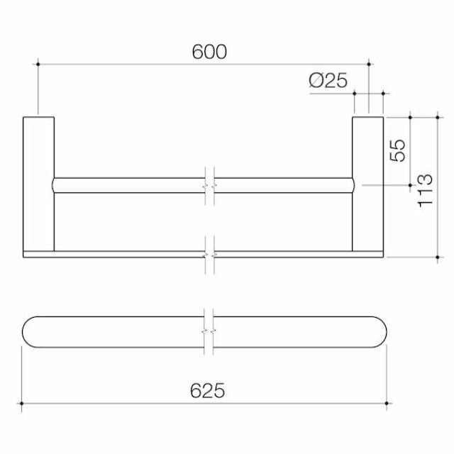 Technical Drawing Caroma Urbane II 625mm Double Towel Rail Gunmetal 99626GM - The Blue Space