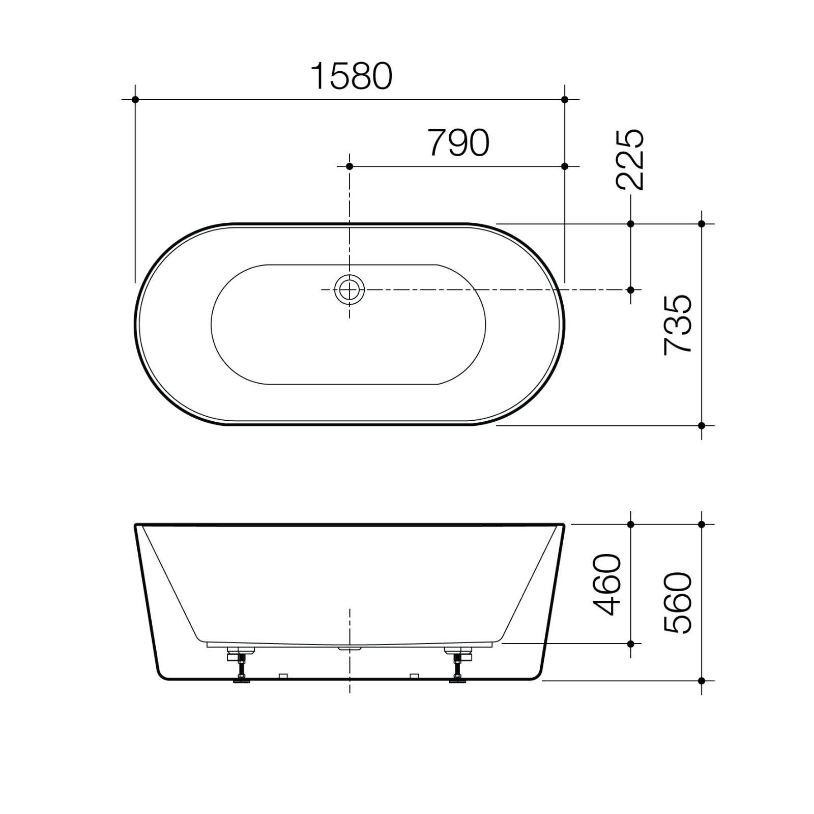 Technical Drawing Caroma Urbane II Freestanding Bath White 1600mm AU6W - The Blue Space