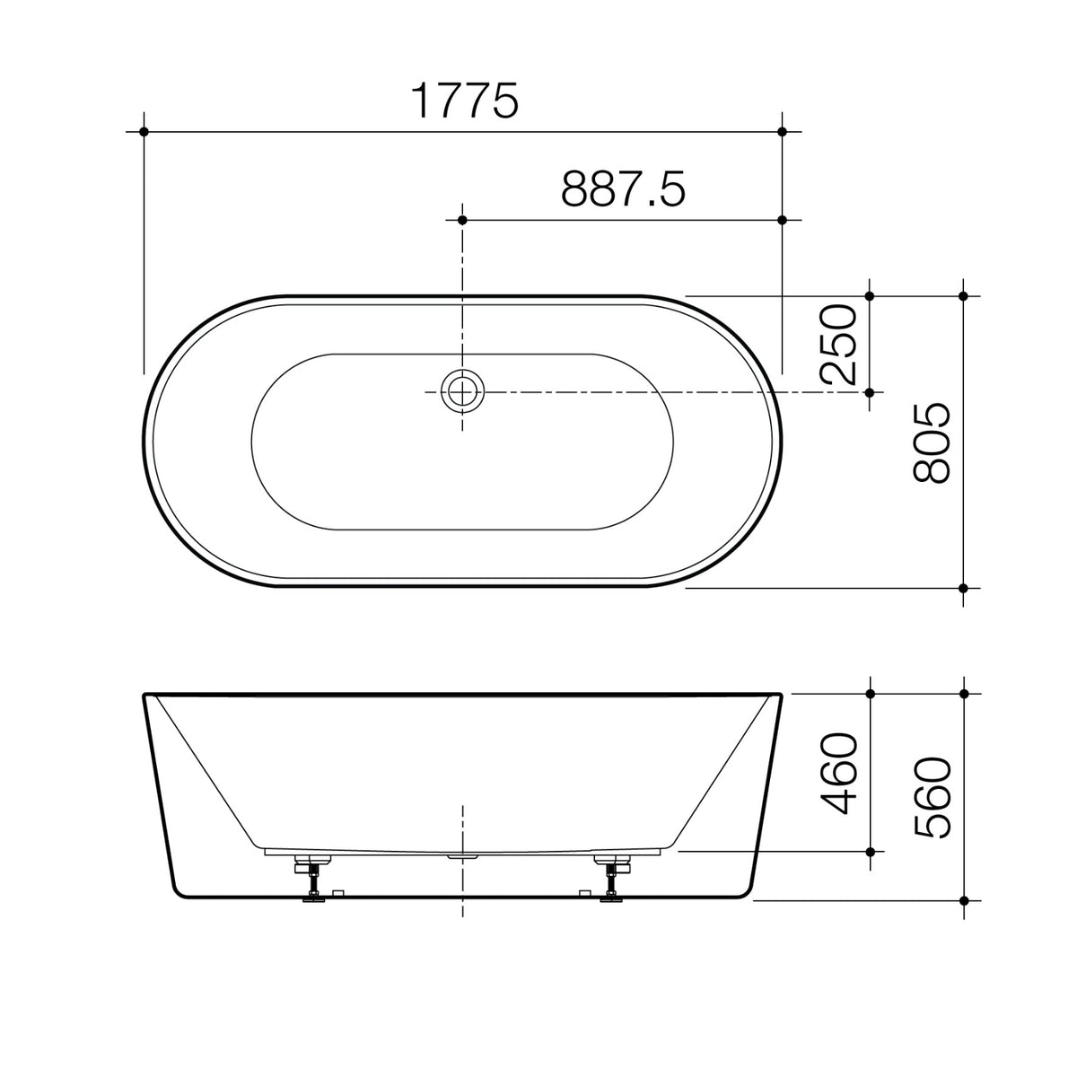 Technical Drawing Caroma Urbane II Freestanding Bath White 1800mm AU8W - The Blue Space