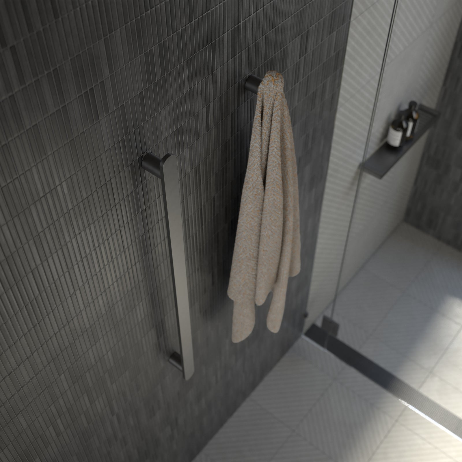 Lifestyle 3 Caroma Urbane II Heated Towel Rail - Vertical - Gunmetal 11202085GM - The Blue Space