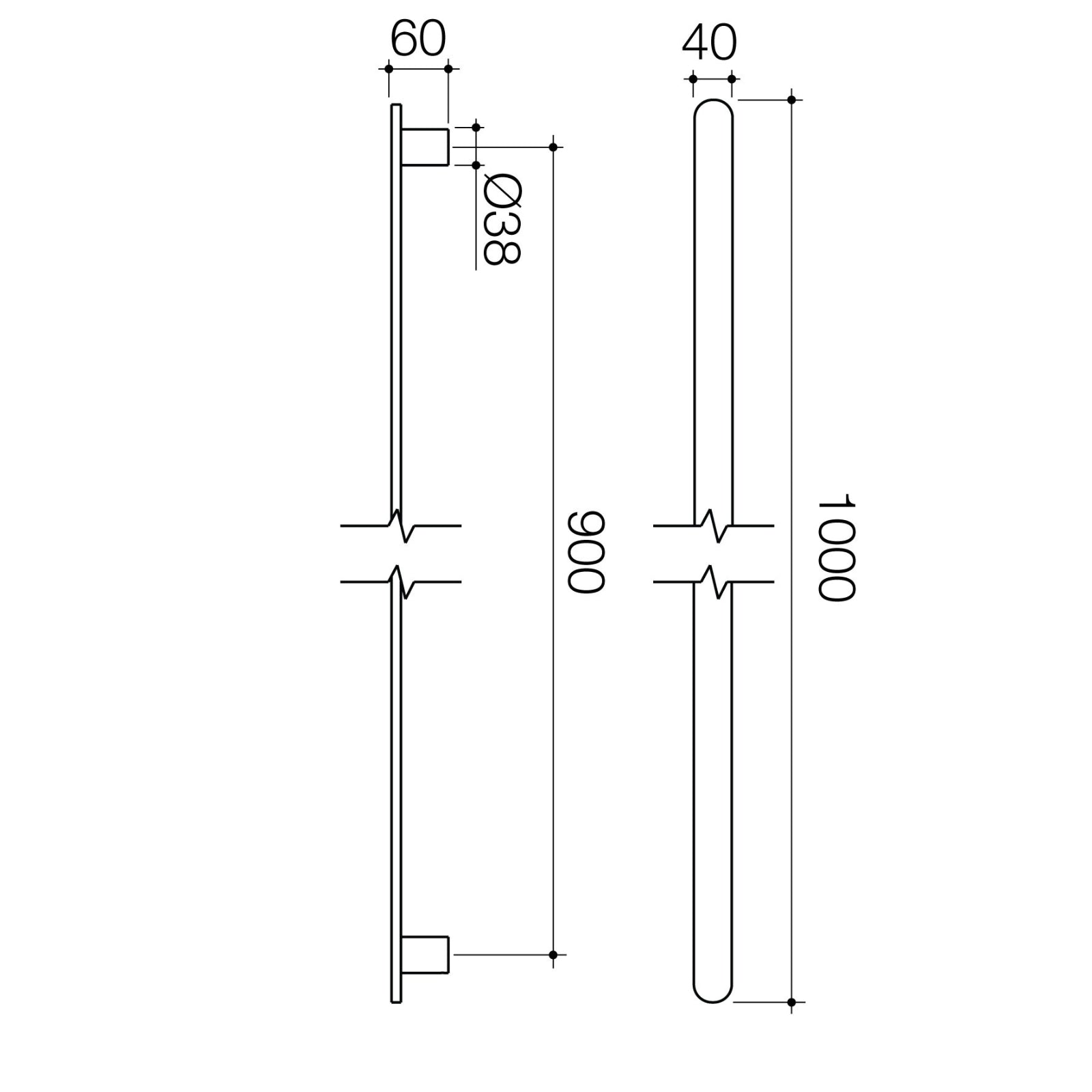Technical Drawing Caroma Urbane II Heated Towel Rail - Vertical - Matte Black 11202085B - The Blue Space