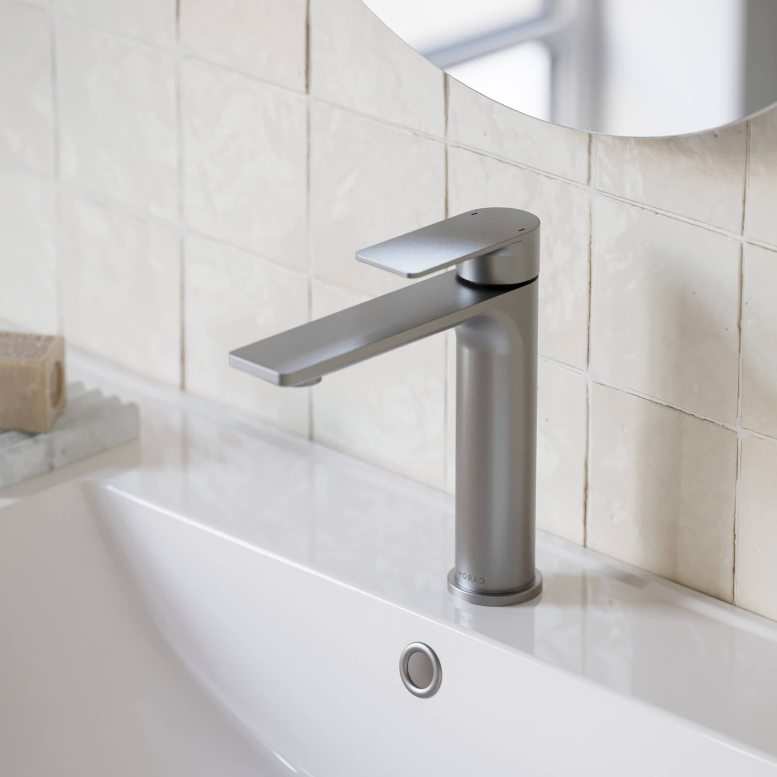 Caroma Urbane II Lead Free Mid Tower Basin Mixer brushed nickel | The Blue Space
