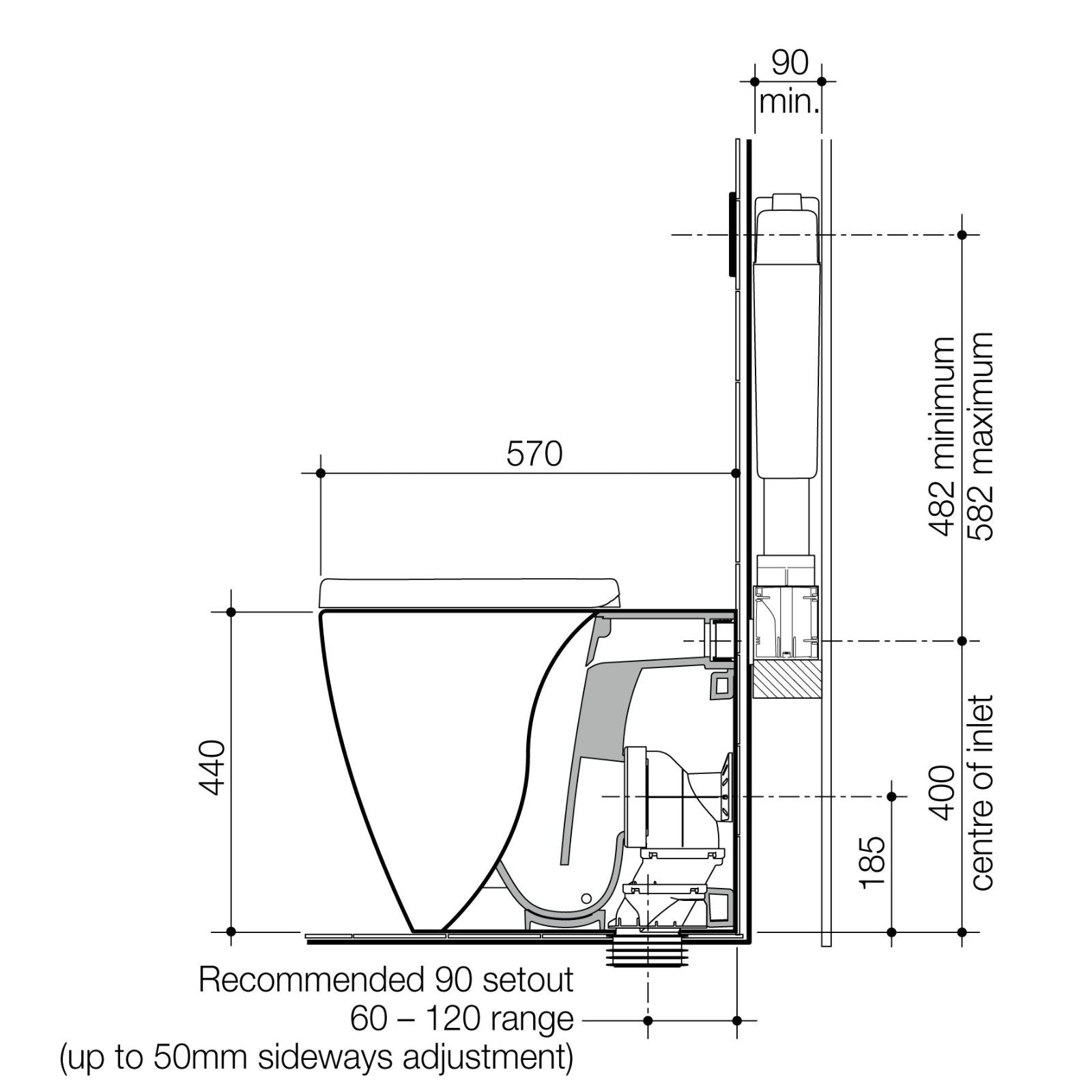 Technical Drawing Caroma Urbane II Luxe Cleanflush Wall Faced Invisi Series II Toilet Suite 746280WLX - The Blue Space