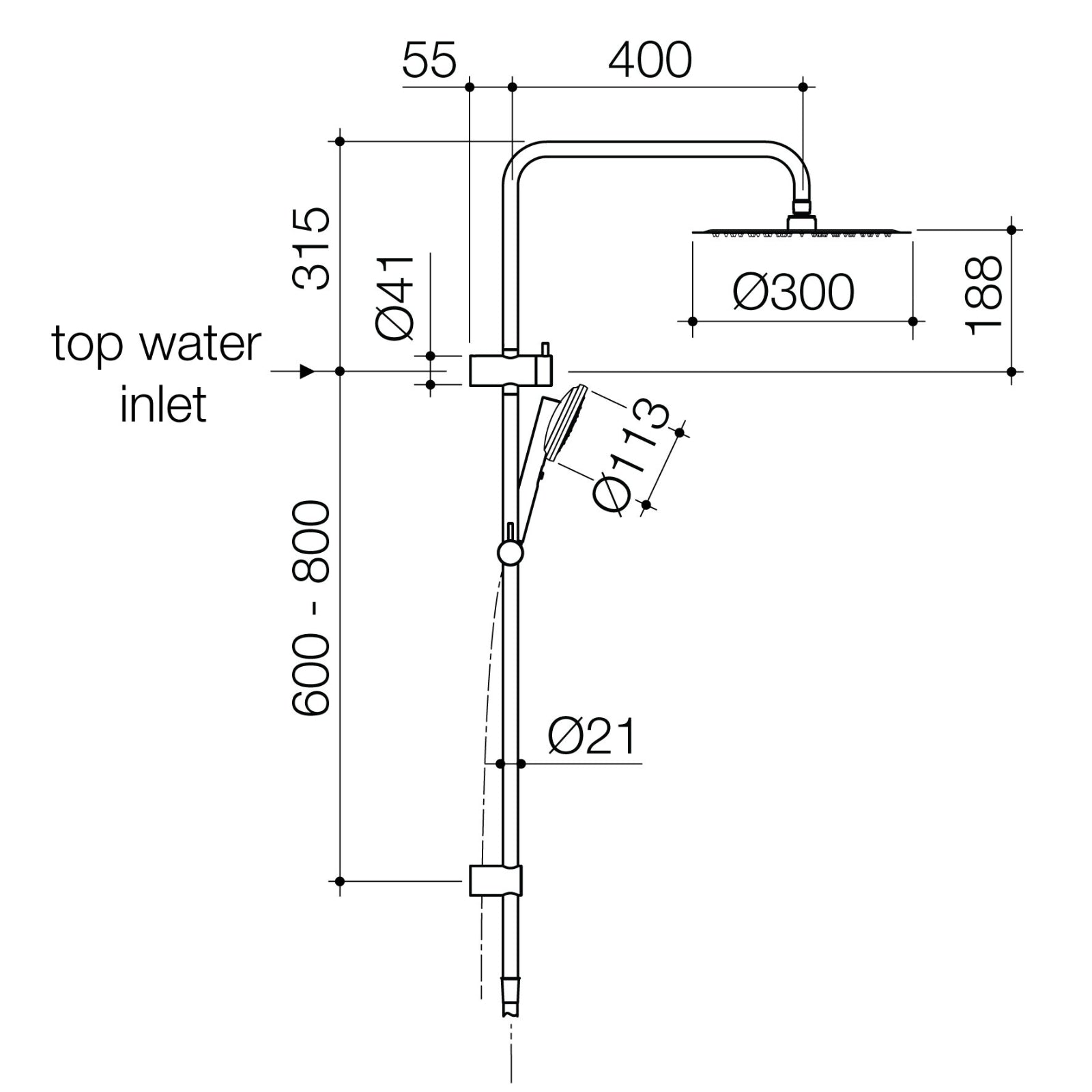Technical Drawing Caroma Urbane II Rail Shower 300mm Overhead Brushed Brass 99630BB3A - The Blue Space