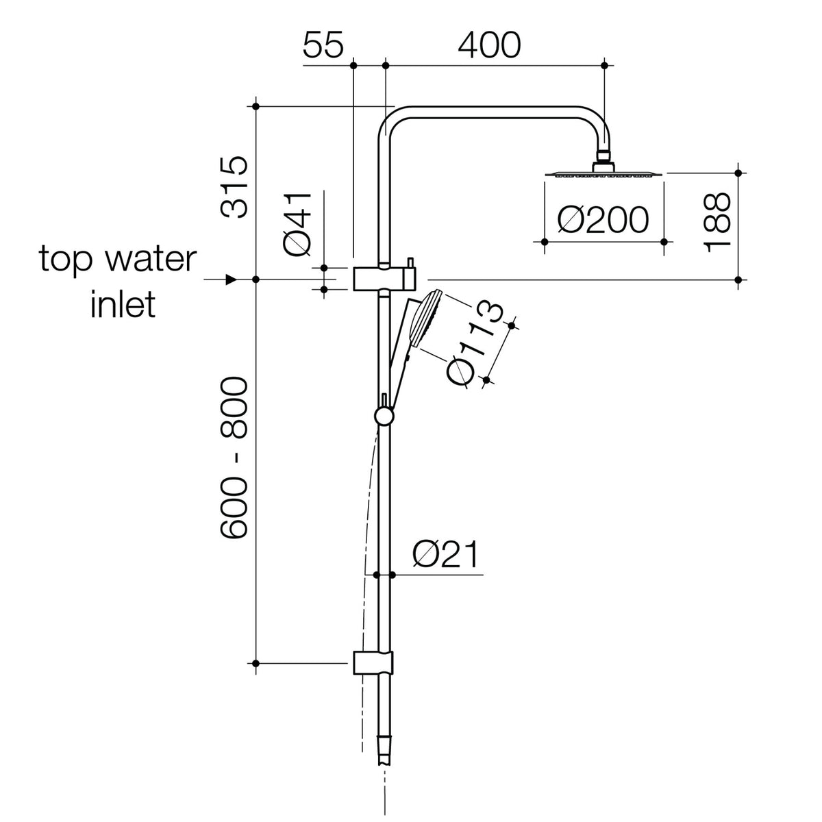 Technical Drawing Caroma Urbane II Rail Shower with 200mm Overhead - Brushed Brass 99660BB4E - The Blue Space