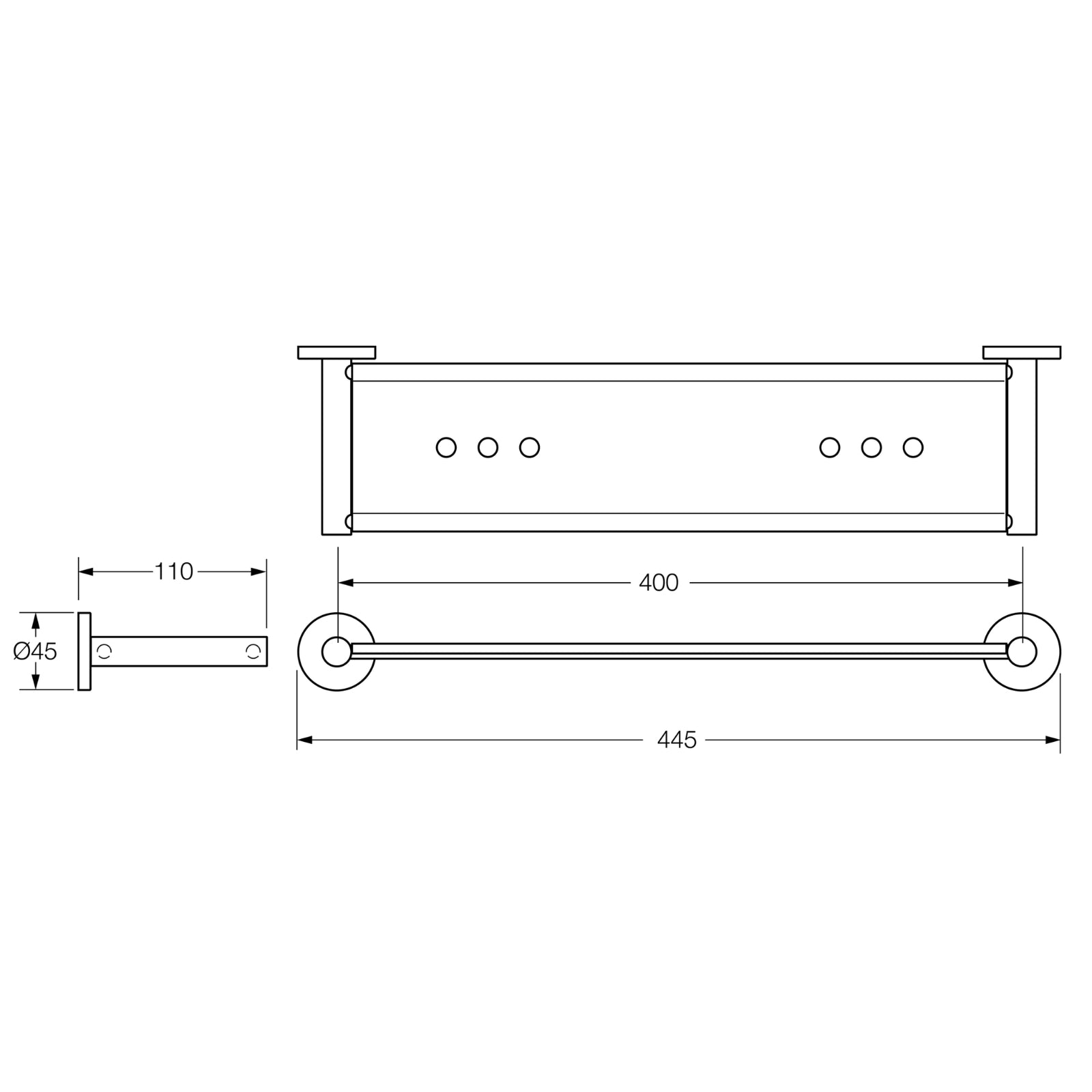 Technical Drawing Caroma Virtu Circit Metal Shower Shelf Chrome 0954C - The Blue Space