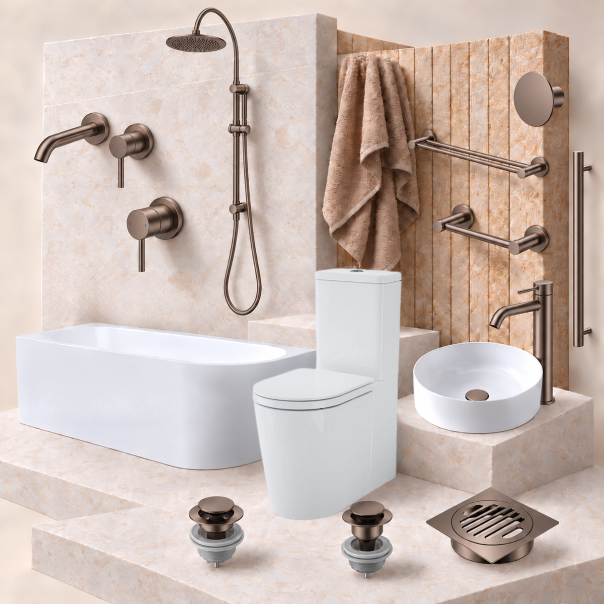A coordinated bathroom fixture set displayed on a beige stone-look platform: a white rectangular bathtub, white toilet, white vessel sink, wall-mounted shower system, towel, wall bars, faucet, drain, and two drain assemblies. The fixtures have a warm brushed metallic finish, and the background is a matching beige tiled wall.