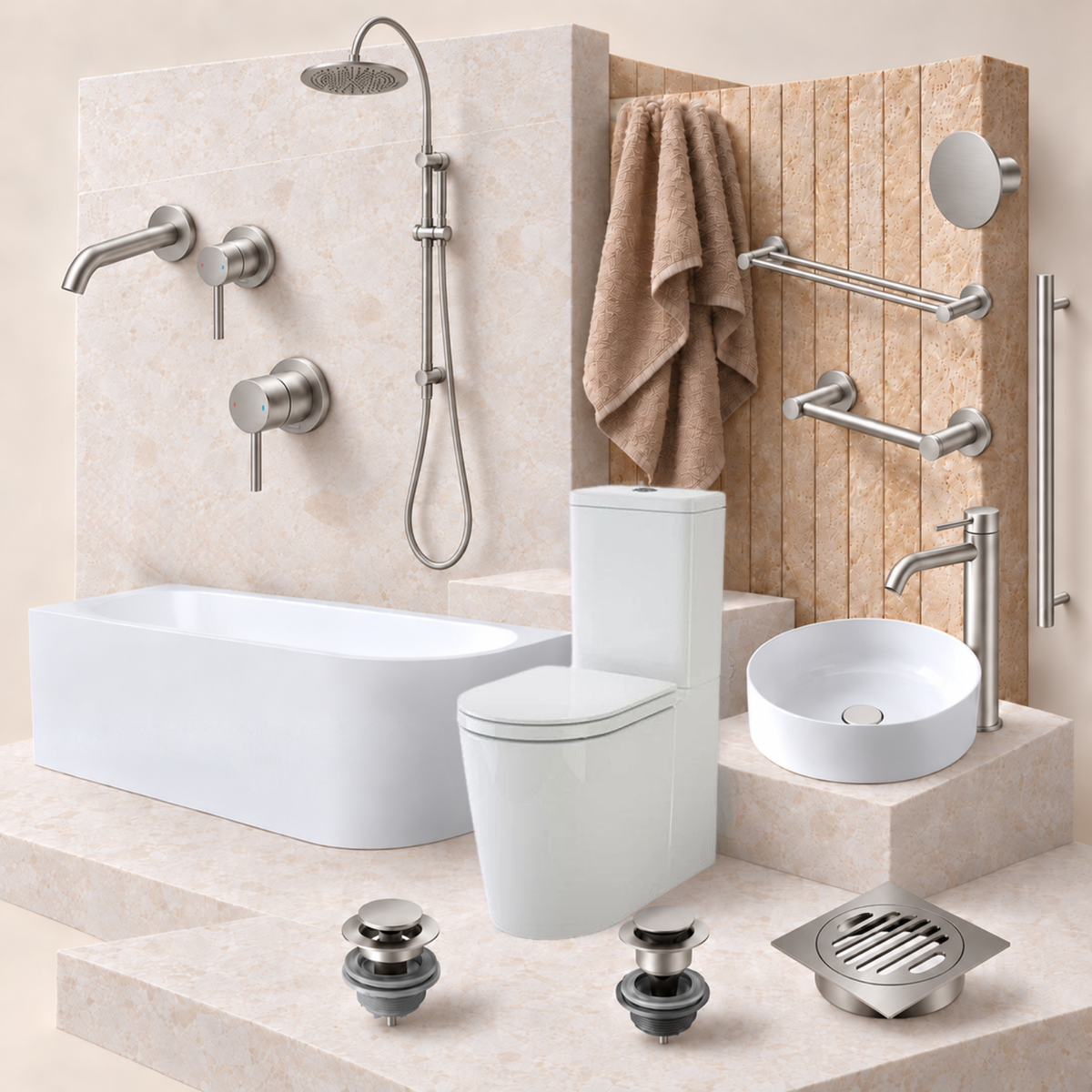 A coordinated bathroom fixture set displayed on a beige stone platform: a white freestanding bathtub, white toilet, white vessel sink, wall-mounted chrome shower system, towel, wall bars, drain, and floor drain, all shown against a beige tiled bathroom wall.