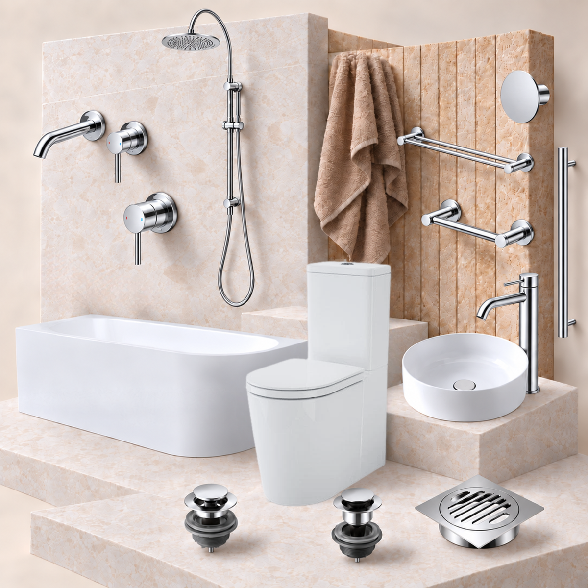 A modern bathroom fixture set displayed on beige stone steps, including a white rectangular bathtub, white toilet, white round vessel sink, wall-mounted chrome faucets and shower hardware, towel bars, a round mirror, drain assemblies, and a floor drain.