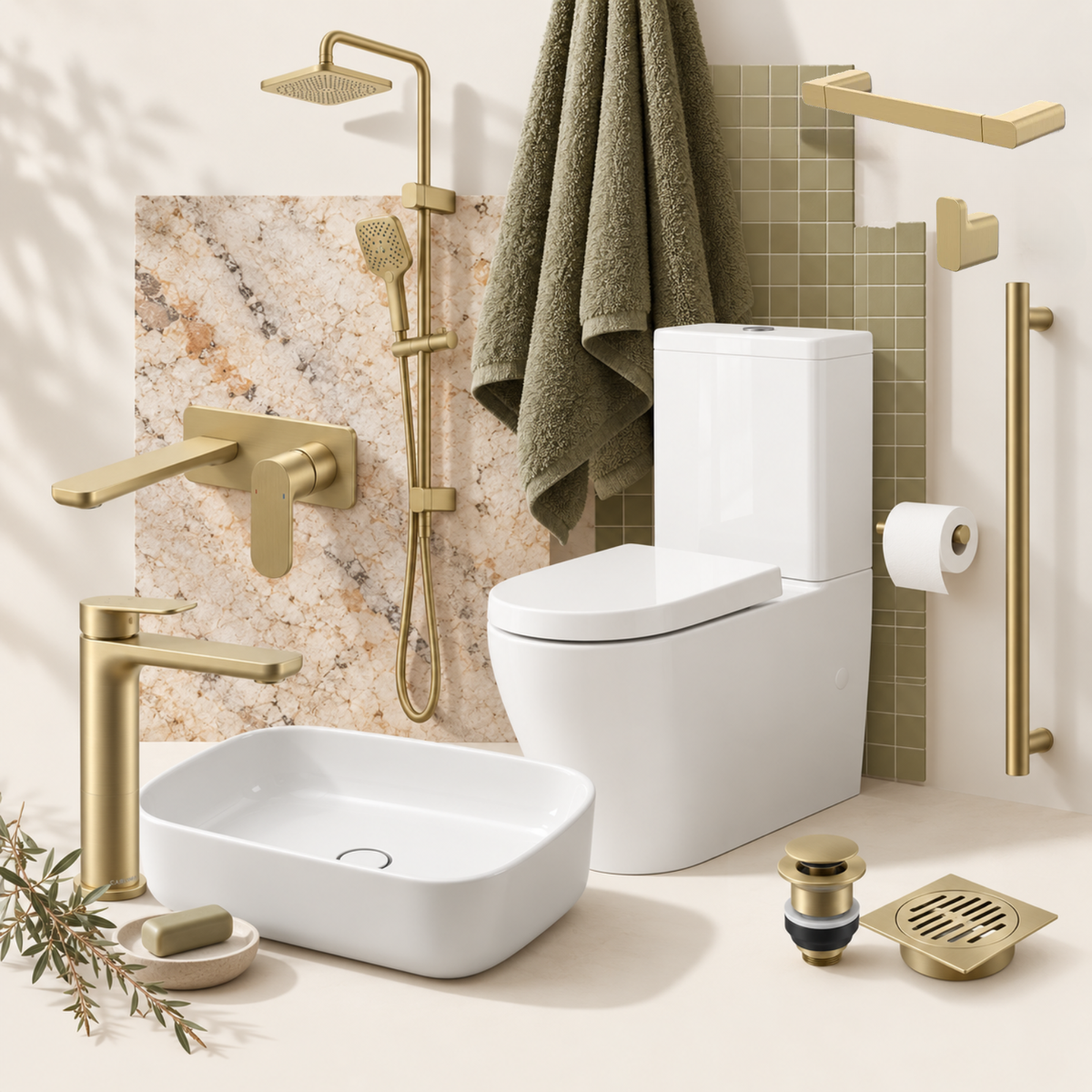 A coordinated bathroom set shown in a styled interior scene: a white toilet, white vessel sink, matte gold faucet and shower fixtures, a green towel, beige tile wall, and small gold drain and holder accessories. Because a real environment is present, this is Lifestyle rather than Product/Packaging.