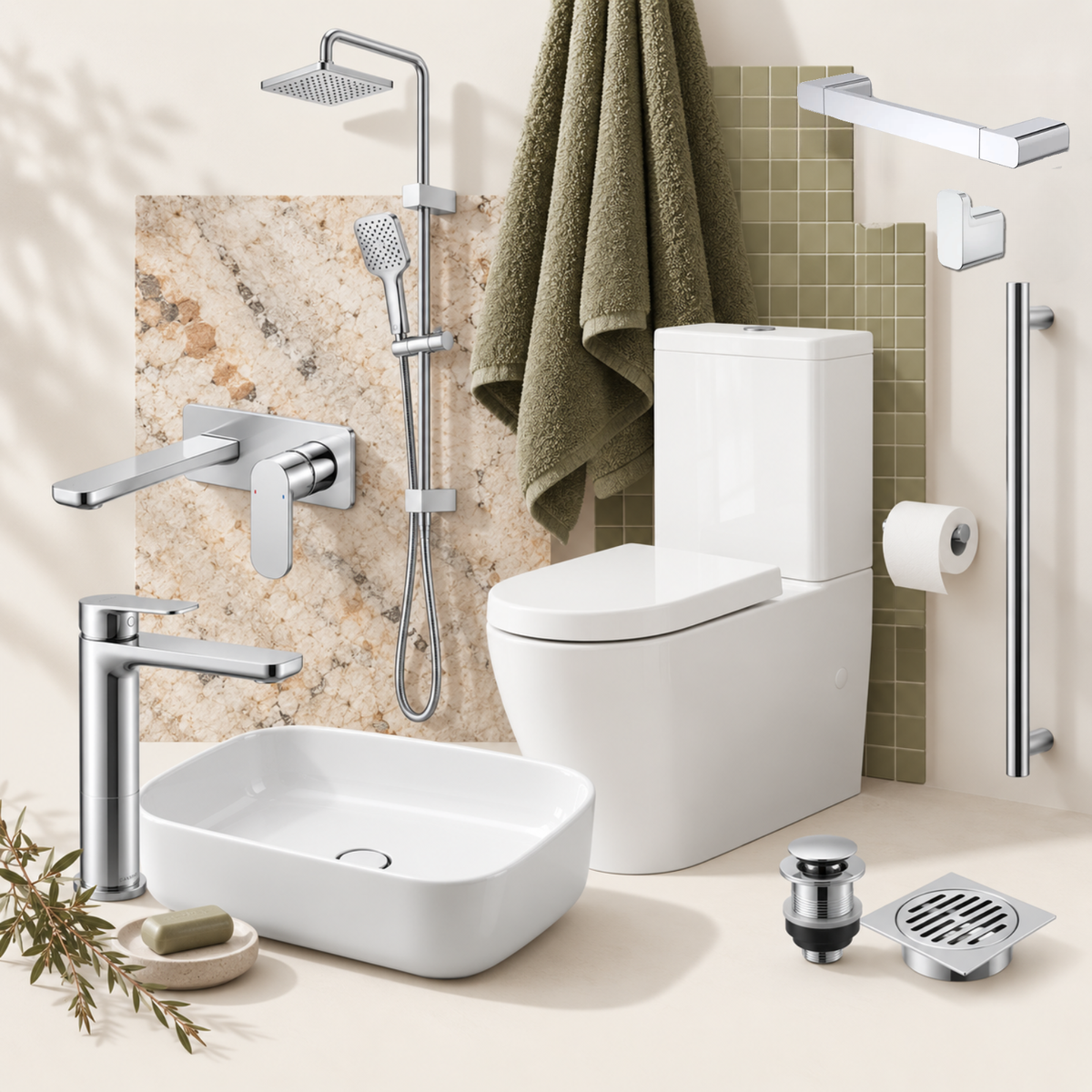 A coordinated bathroom fixture set shown installed in a styled bathroom scene: a white ceramic toilet, matching white vessel sink, chrome wall-mounted faucet and shower system, towel, toilet paper holder, grab bar, drain, and trim. No person or animal is present, but a real bathroom environment is visible, so this is Lifestyle rather than Product/Packaging.