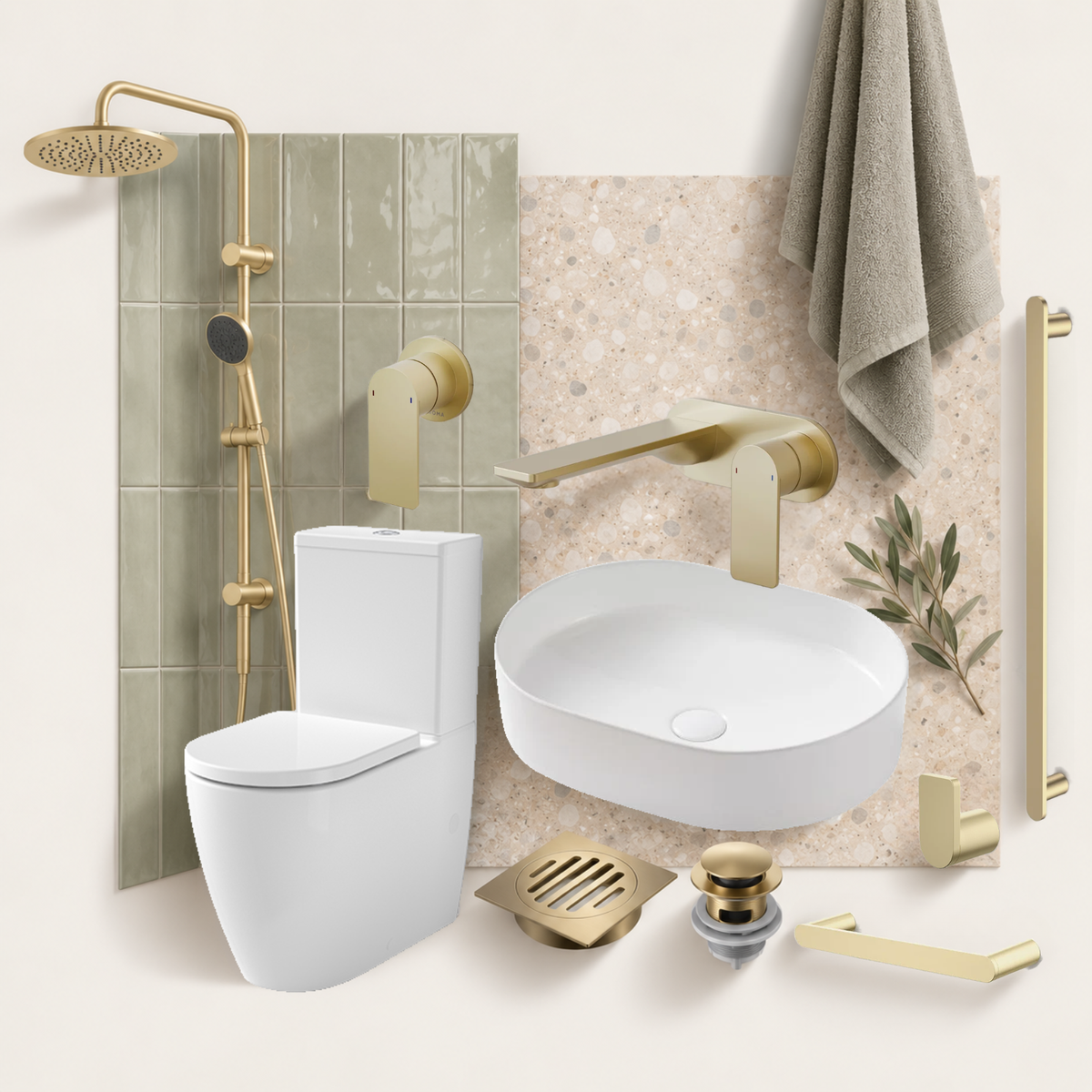 A coordinated bathroom fixture set shown in a styled interior scene: a white wall-mounted toilet, oval white sink, matte gold faucet and shower hardware, a towel, tiled wall, and decorative leaves. Because a real bathroom environment is present, this fits Lifestyle rather than Product/Packaging.