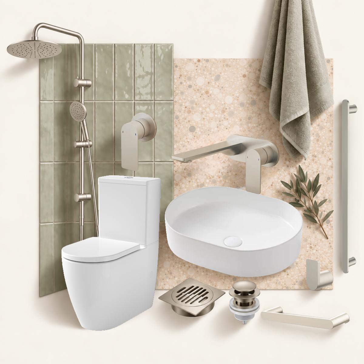 A coordinated bathroom fixture set shown against a light neutral wall: a white wall-mounted toilet, oval white vessel sink, chrome shower system, wall-mounted faucet, towel, drain, and a small decorative plant.