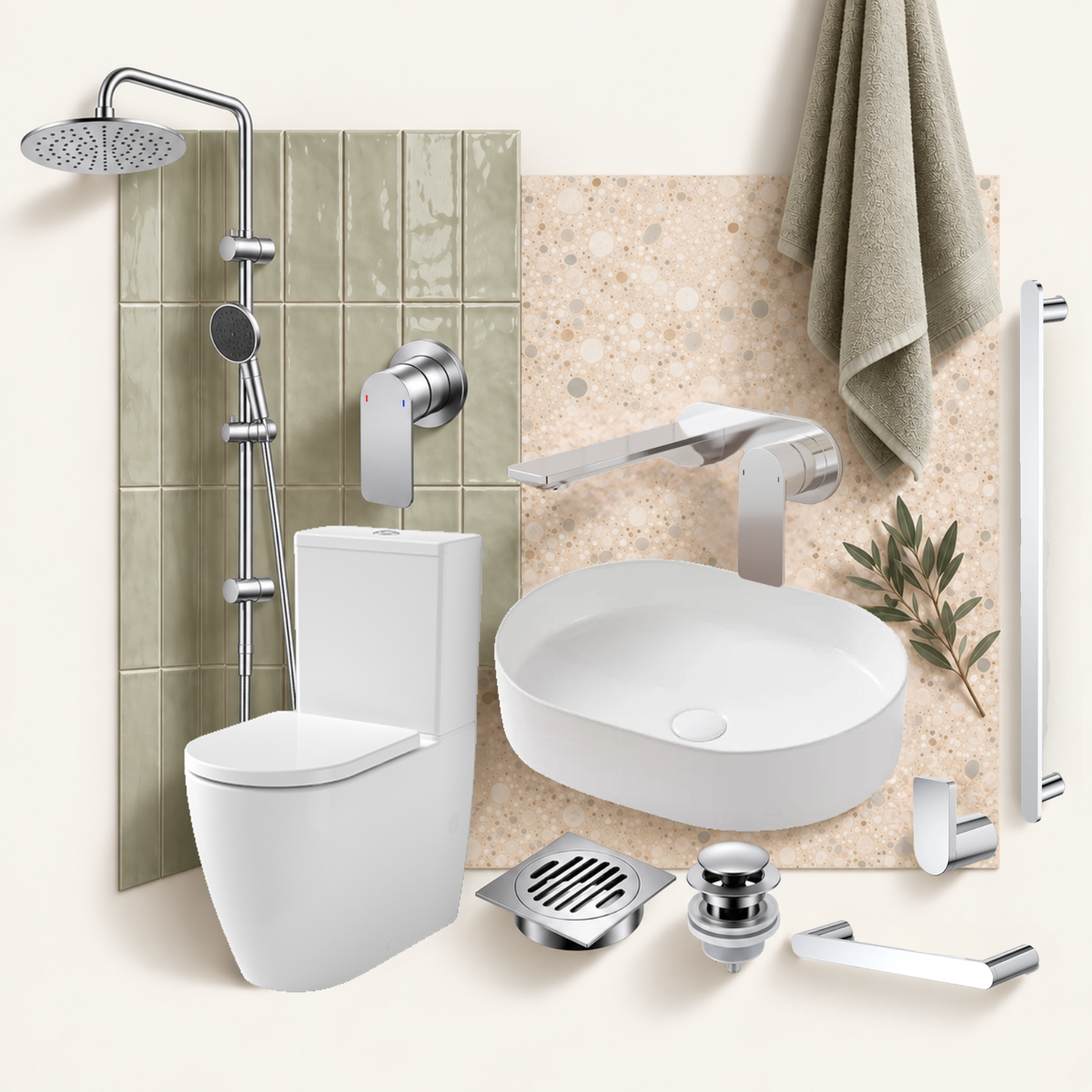 A coordinated bathroom fixture set shown against a light beige wall: a white wall-mounted toilet, oval white vessel sink, chrome faucet and shower hardware, drain and pop-up assembly, towel, and a small decorative plant. No person or real room environment is present, so this is Product/Packaging rather than Lifestyle.