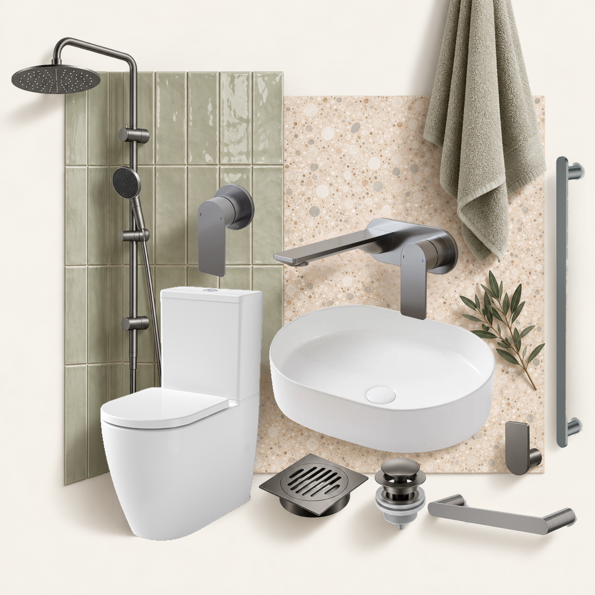 A coordinated bathroom fixture set displayed against a warm beige background, including a white toilet, oval white vessel sink, matte dark metal faucet and shower hardware, a towel, drain pieces, and wall-mounted controls.