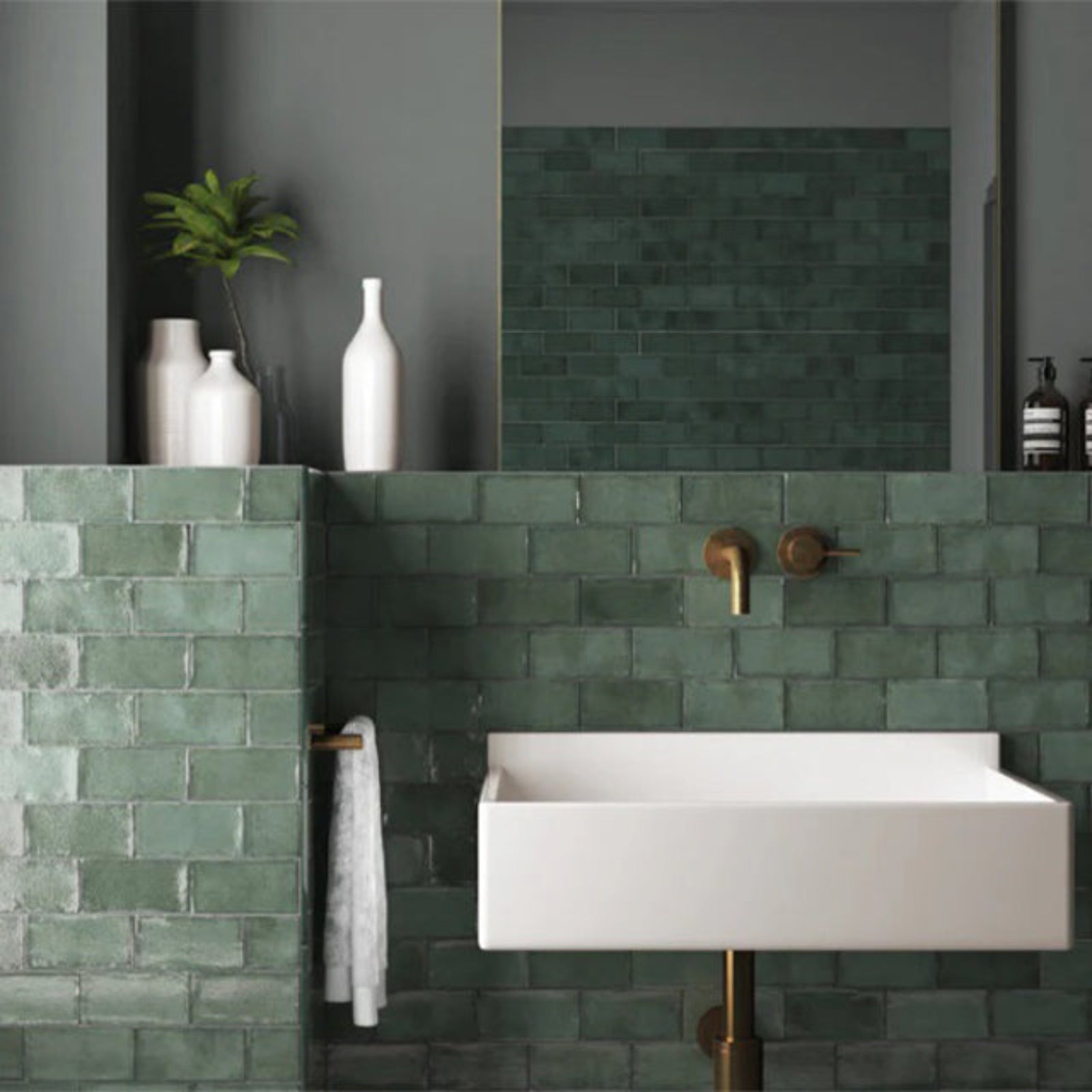 Dark Green Dianna Hand Made Subway Tile 75 x 150 x 9mm Spanish Ceramic | The Blue Space