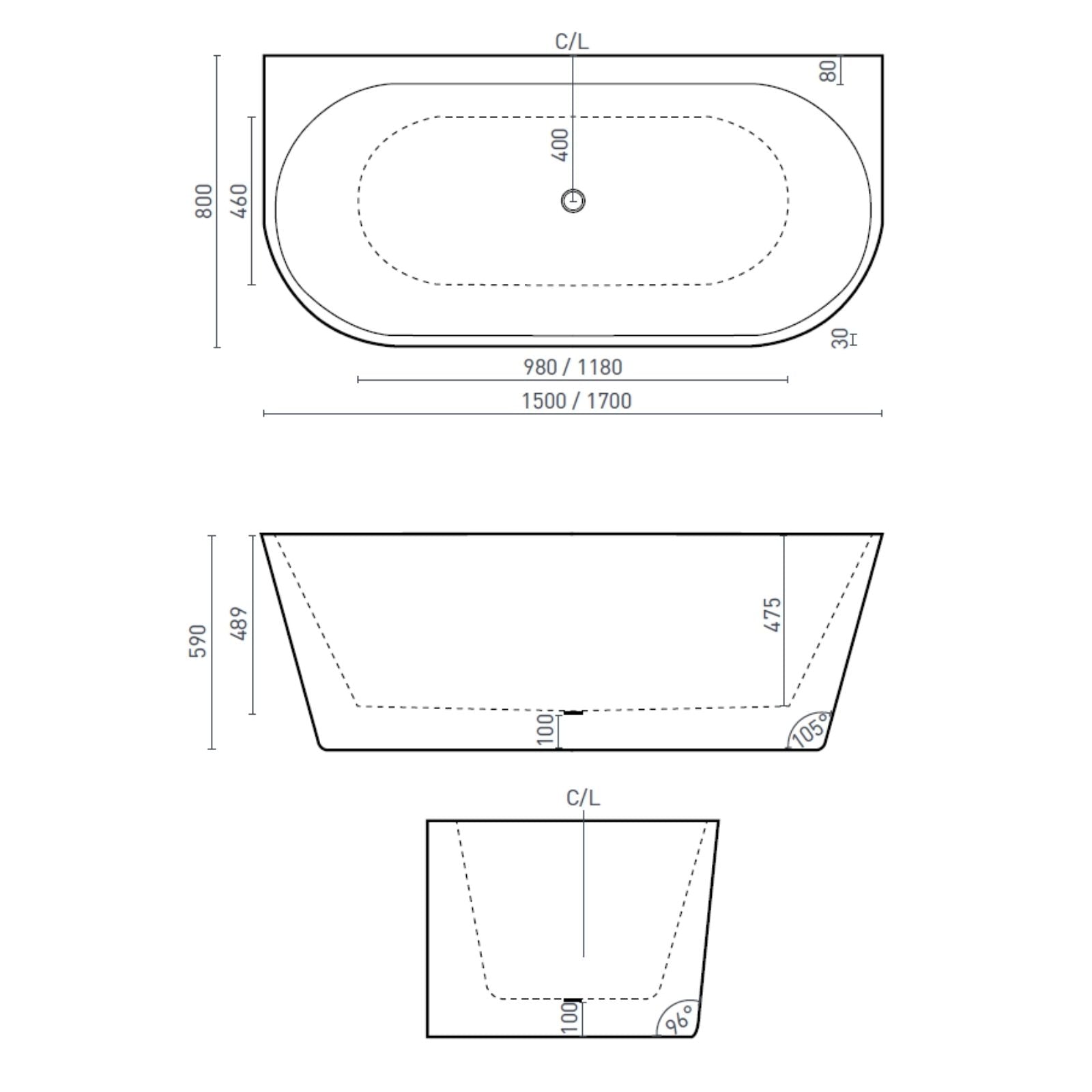 Technical Drawing Decina Aria 1500 Back-To-Wall Freestanding Bath with Integrated Overflow AR1500WIO - The Blue Space