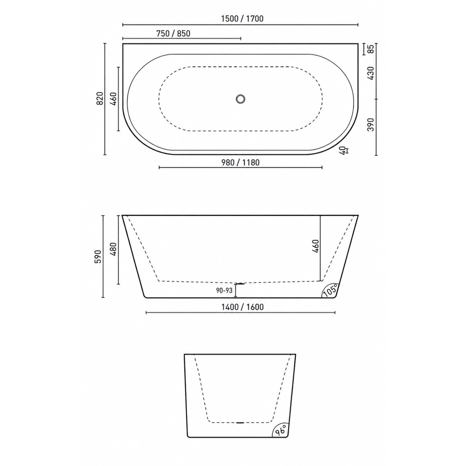 Technical Drawing Decina Alegra Back To Wall Freestanding Bath 1700mm AG1700W - The Blue Space