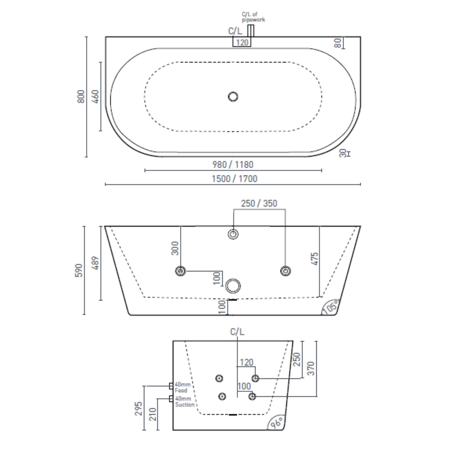 Technical Drawing Decina Alegra Countour Back-To-Wall Freestanding Spa Bath 1500mm with White Jets AG1500BTWCNWHJT - The Blue Space