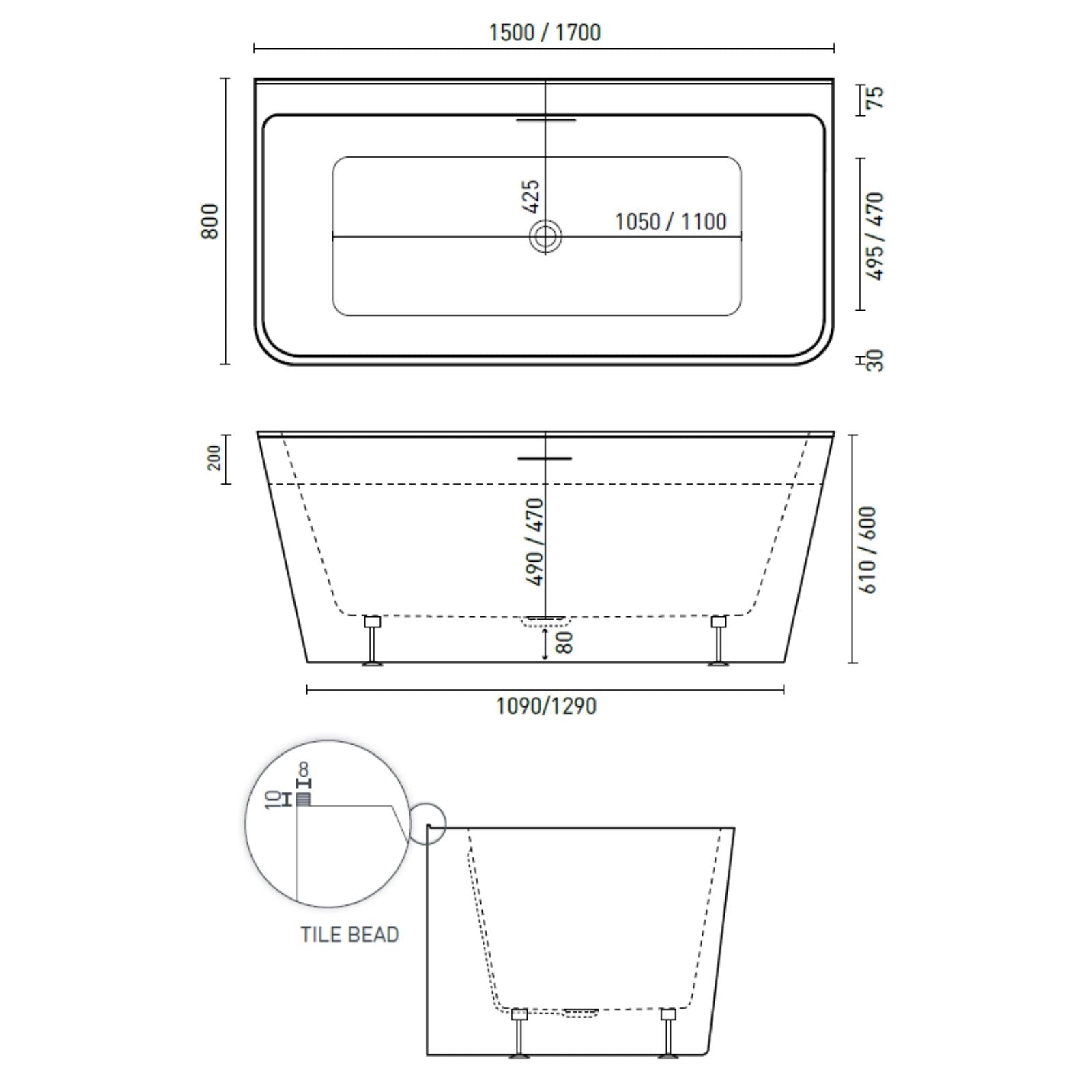 Technical Drawing Decina Aria 1500 Back-To-Wall Freestanding Bath with Integrated Overflow AR1500WIO - The Blue Space