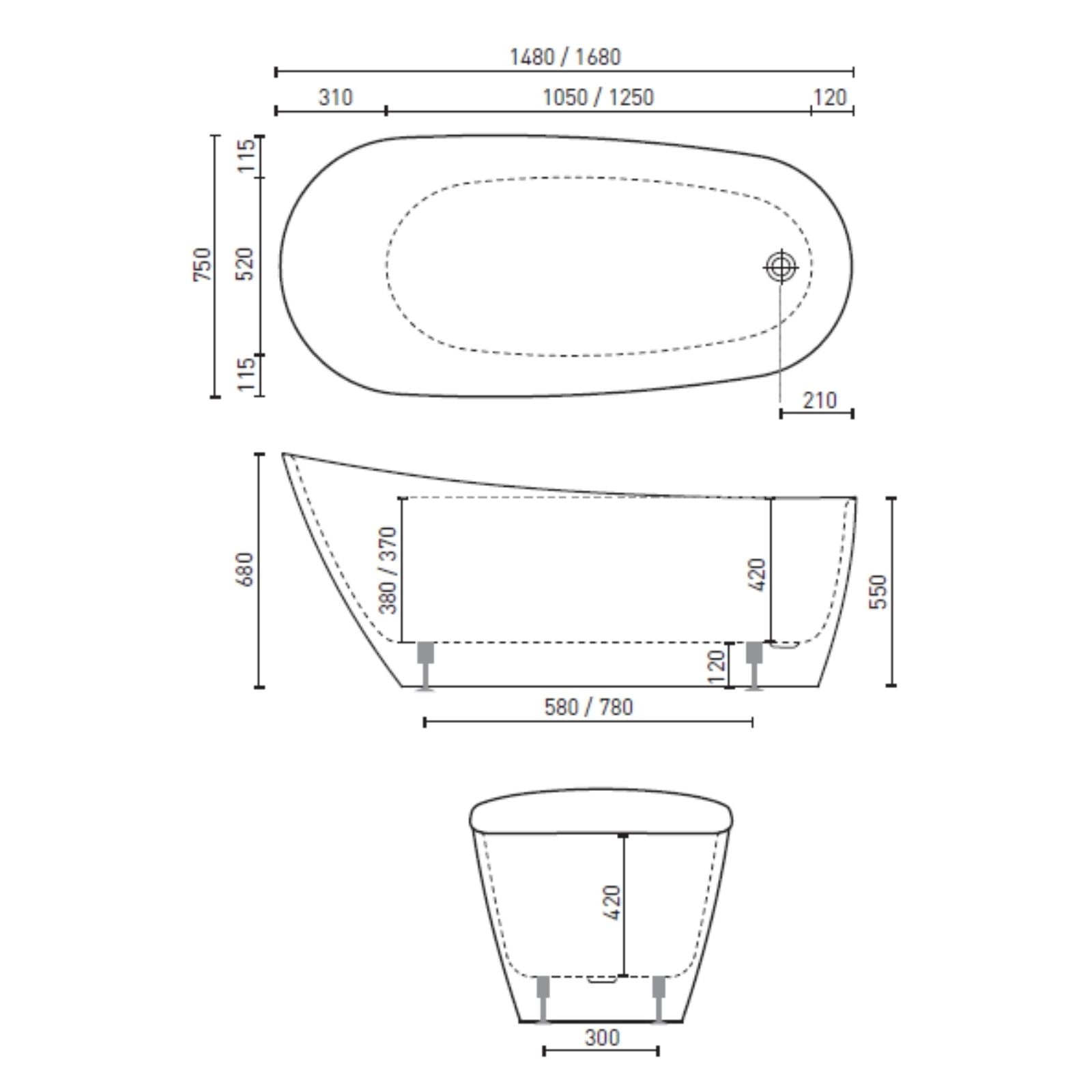 Technical Drawing Decina Caval 1680 Freestanding Bath CA1680W - The Blue Space