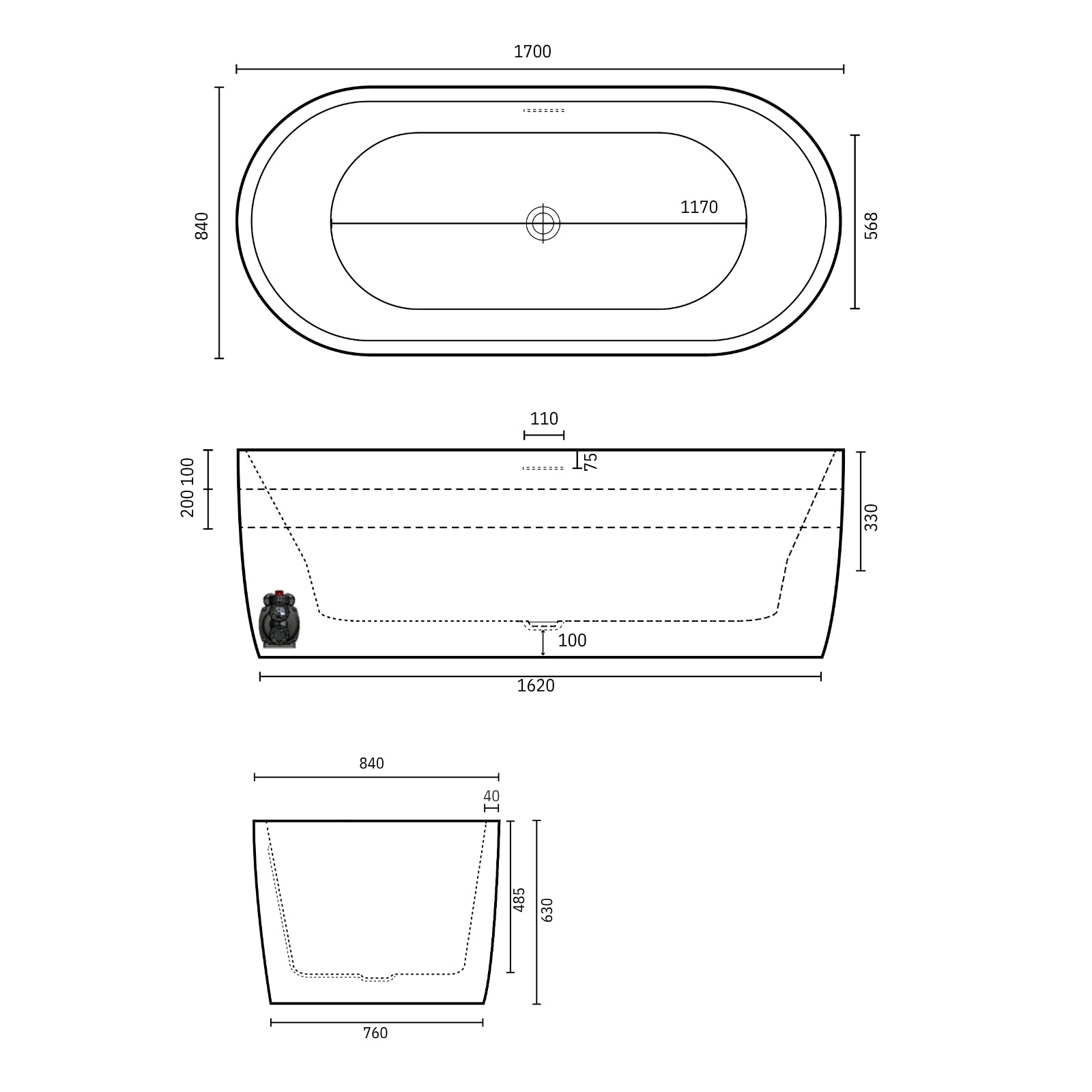 Technical Drawing Decina Elisi Freestanding Contour Spa Bath 1700mm EI1700FSCNWIO - The Blue Space